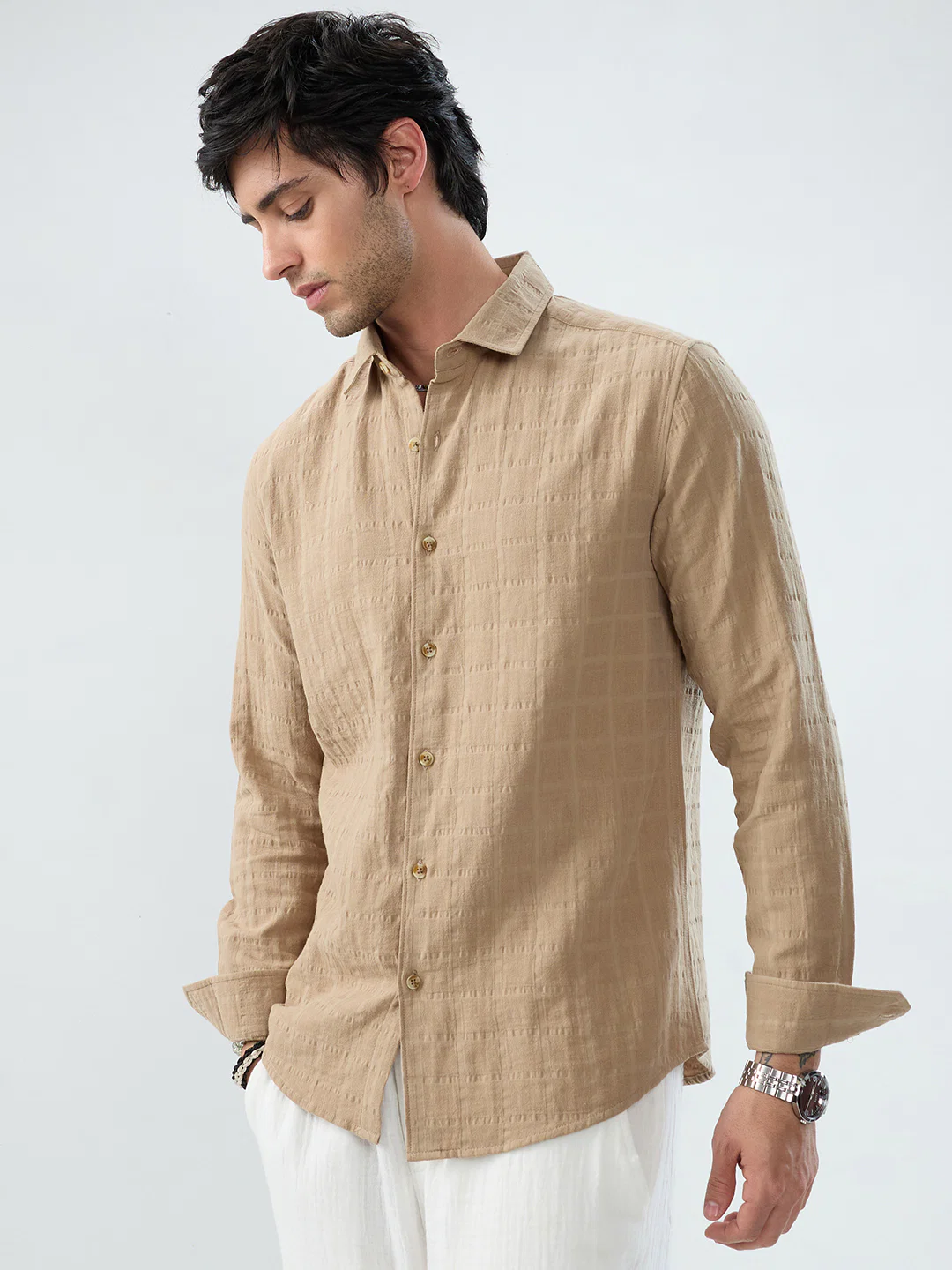 Tan Beige Double Cloth Seersucker Checks Shirt - Image 6