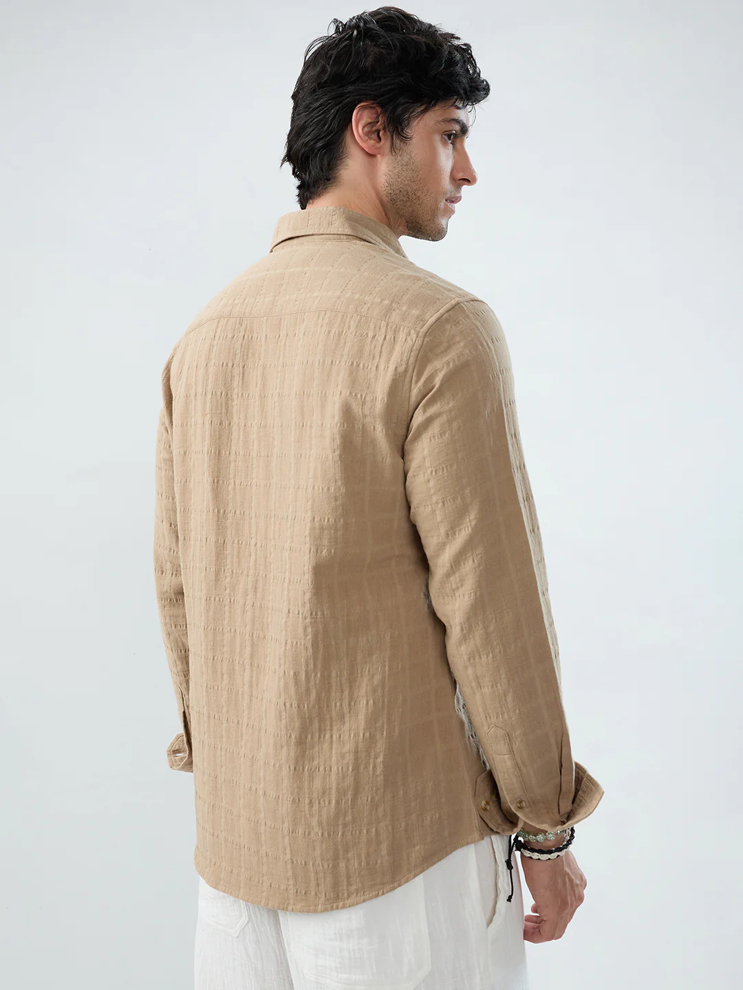 Tan Beige Double Cloth Seersucker Checks Shirt - Image 7
