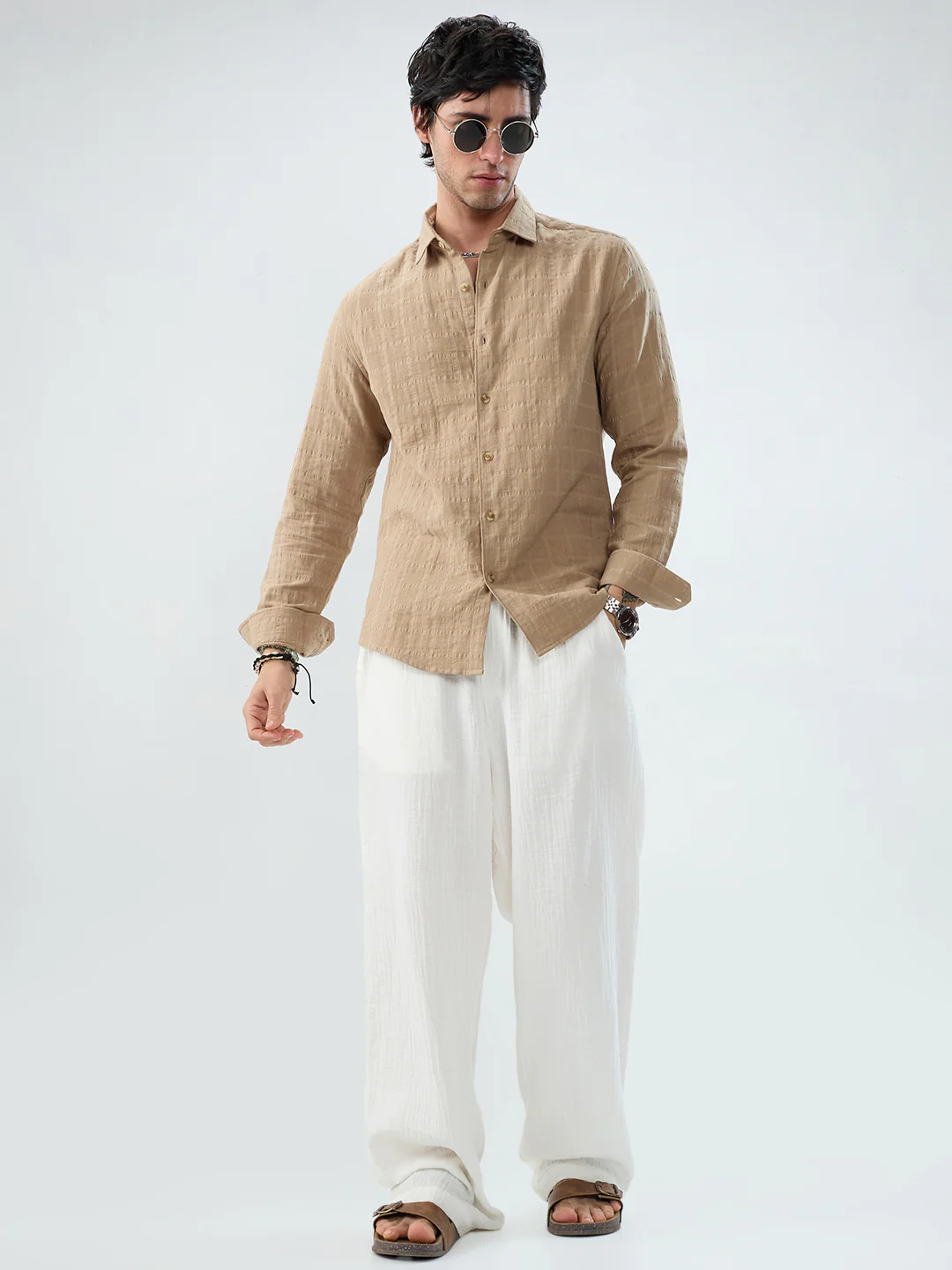 Tan Beige Double Cloth Seersucker Checks Shirt - Image 8