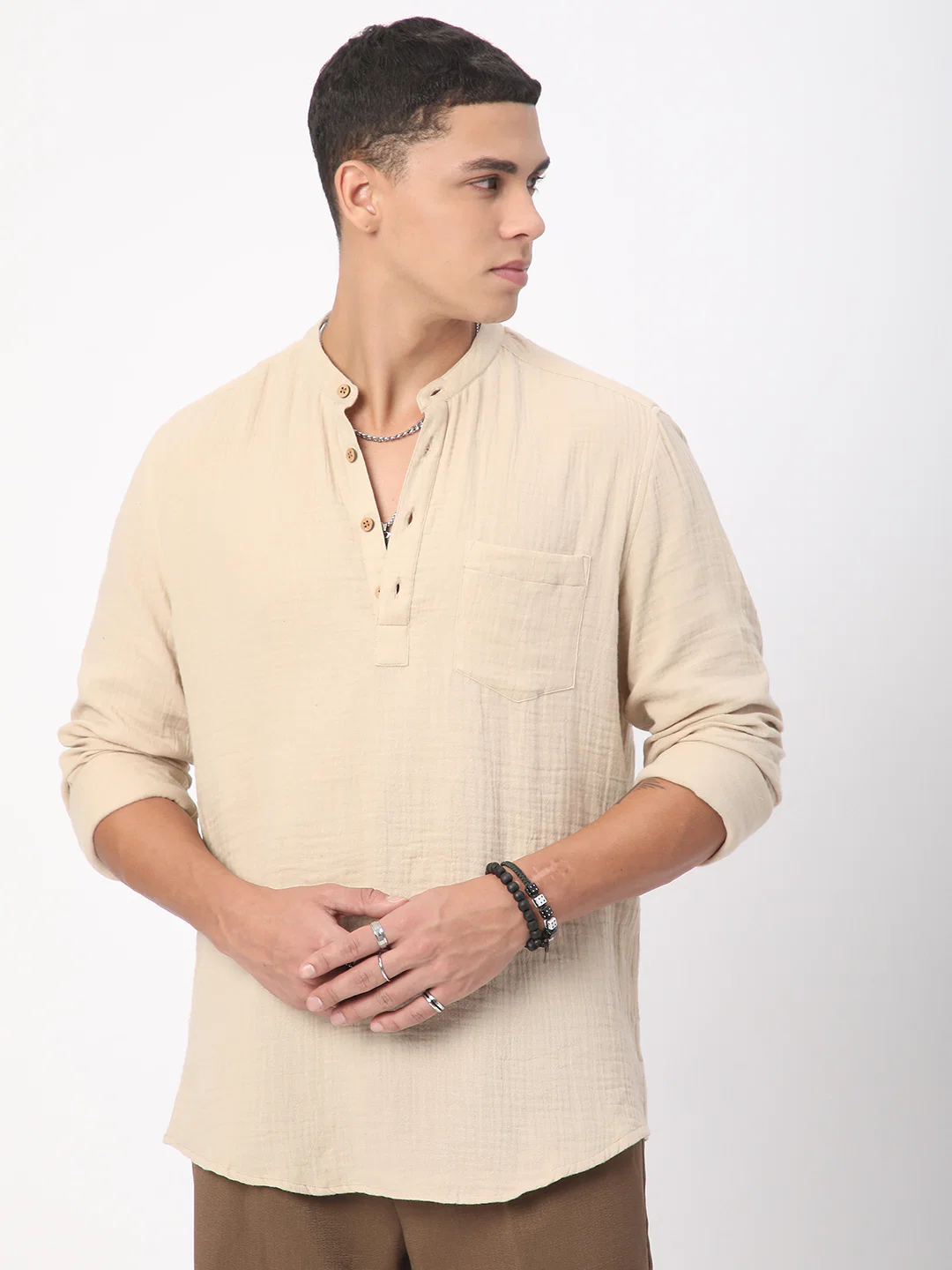 Tan Beige Double Cloth Crinkled Kurta - Image 4
