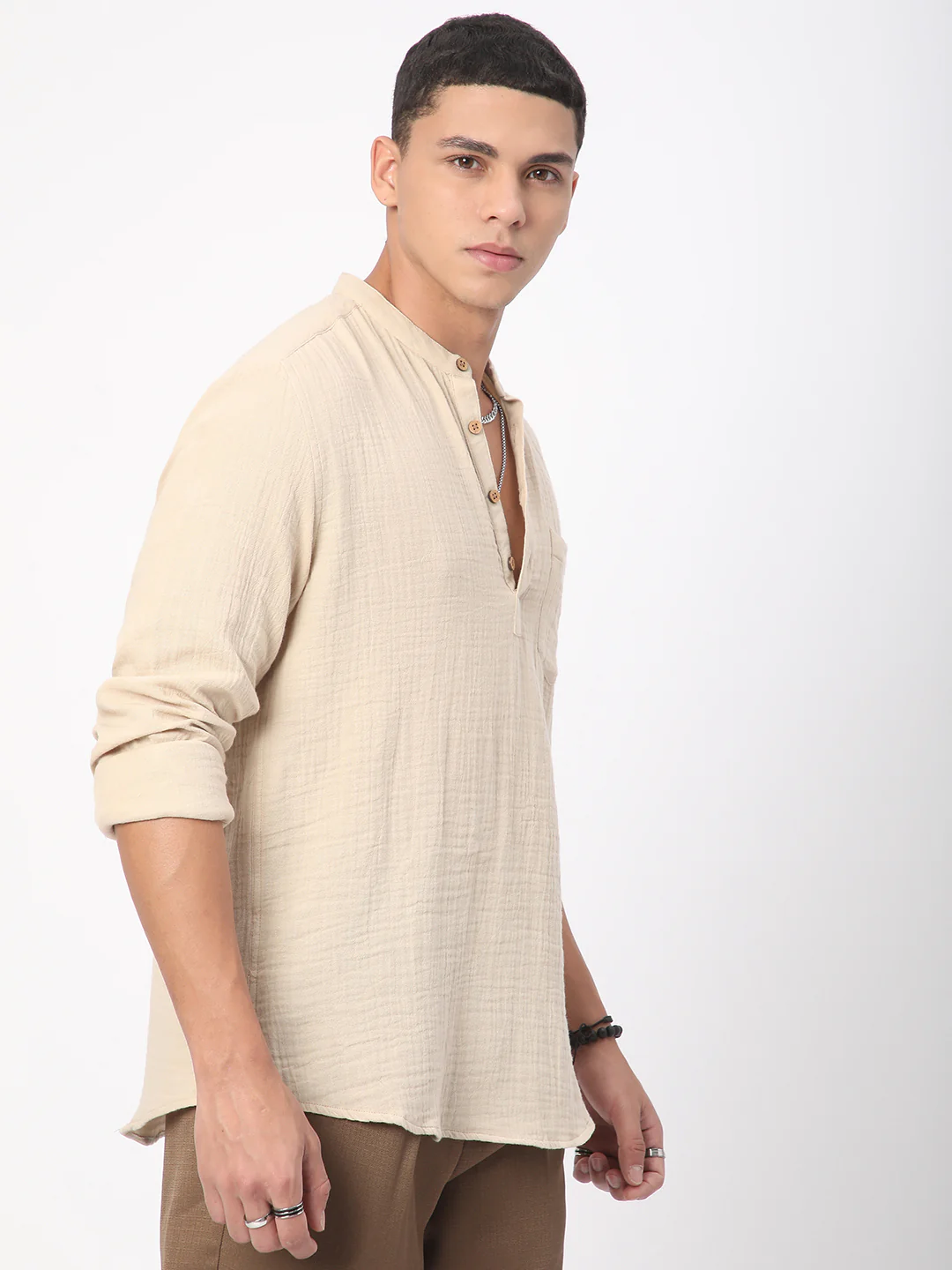 Tan Beige Double Cloth Crinkled Kurta - Image 6