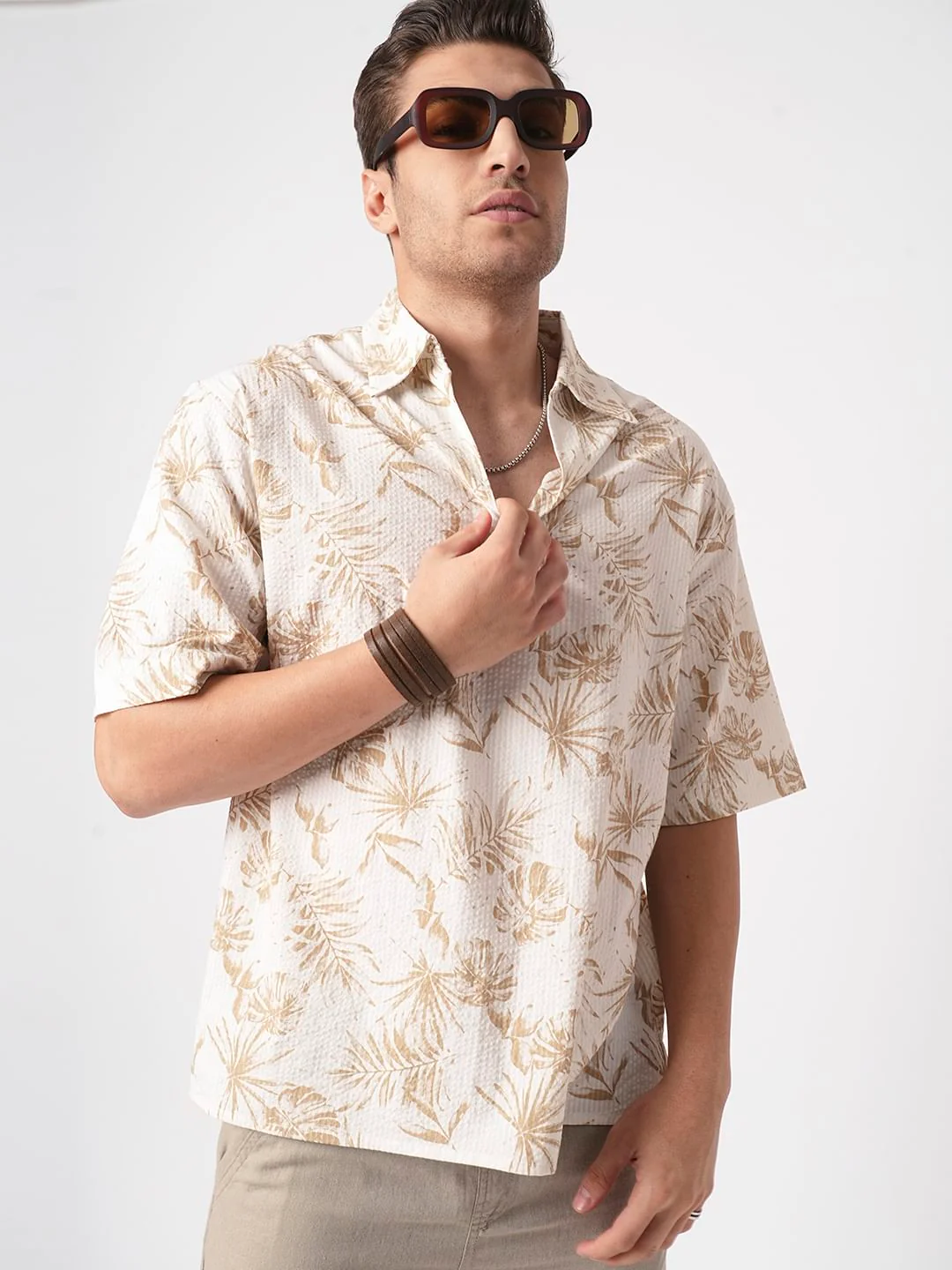 Tan Beige Leaf Printed Seersucker Oversized Polo Shirt - Image 2