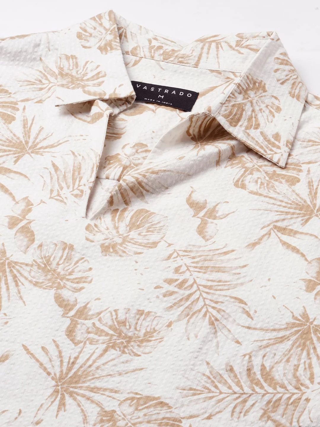 Tan Beige Leaf Printed Seersucker Oversized Polo Shirt - Image 3