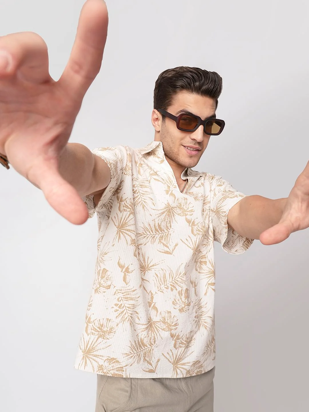 Tan Beige Leaf Printed Seersucker Oversized Polo Shirt - Image 4