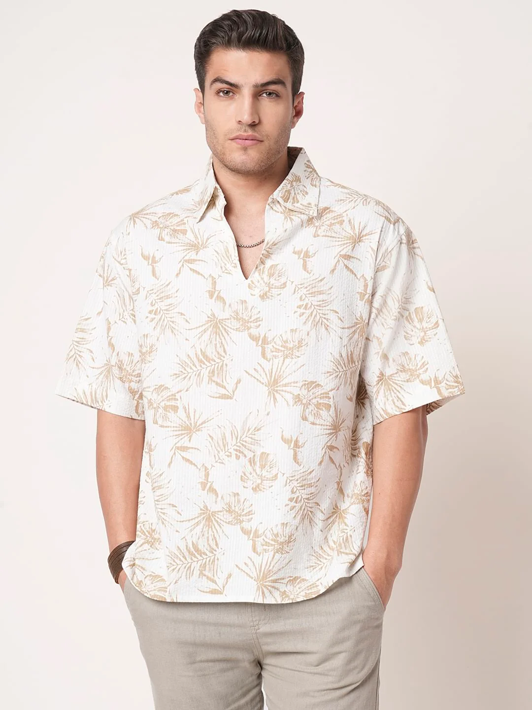 Tan Beige Leaf Printed Seersucker Oversized Polo Shirt - Image 5