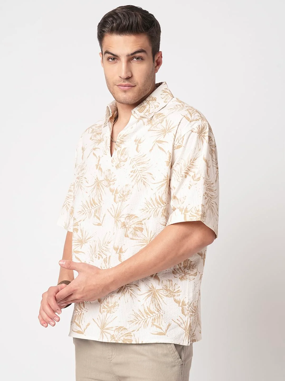 Tan Beige Leaf Printed Seersucker Oversized Polo Shirt - Image 6