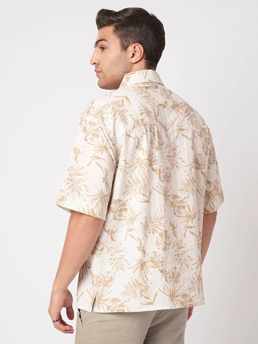 Tan Beige Leaf Printed Seersucker Oversized Polo Shirt - Image 7