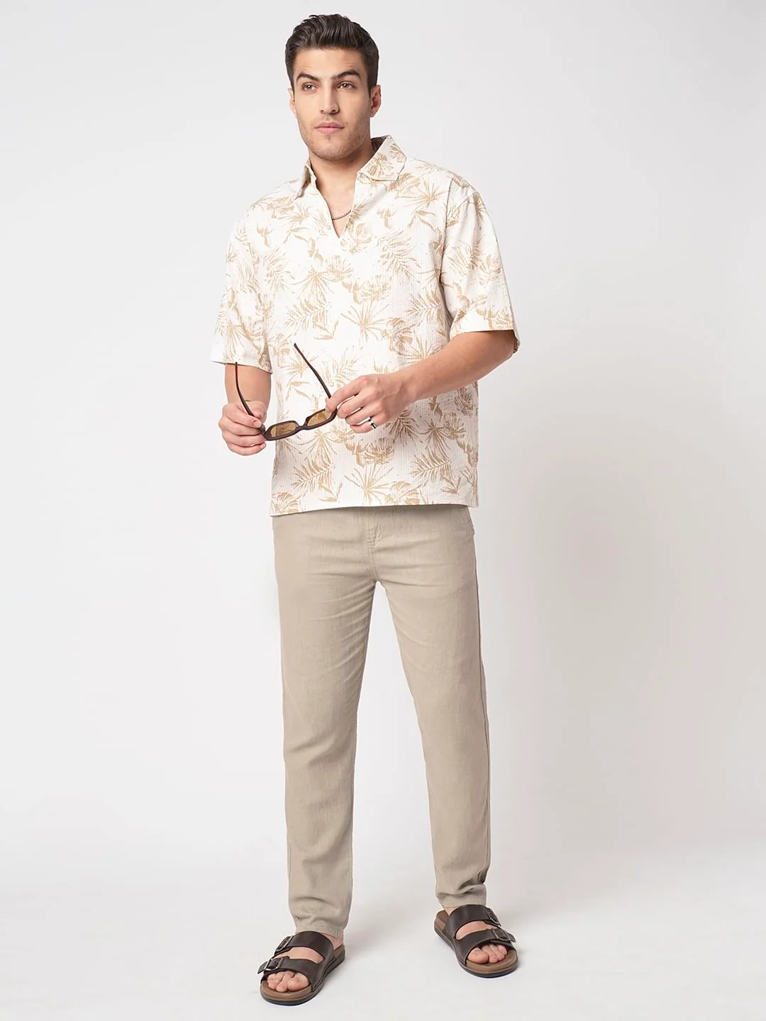 Tan Beige Leaf Printed Seersucker Oversized Polo Shirt - Image 8