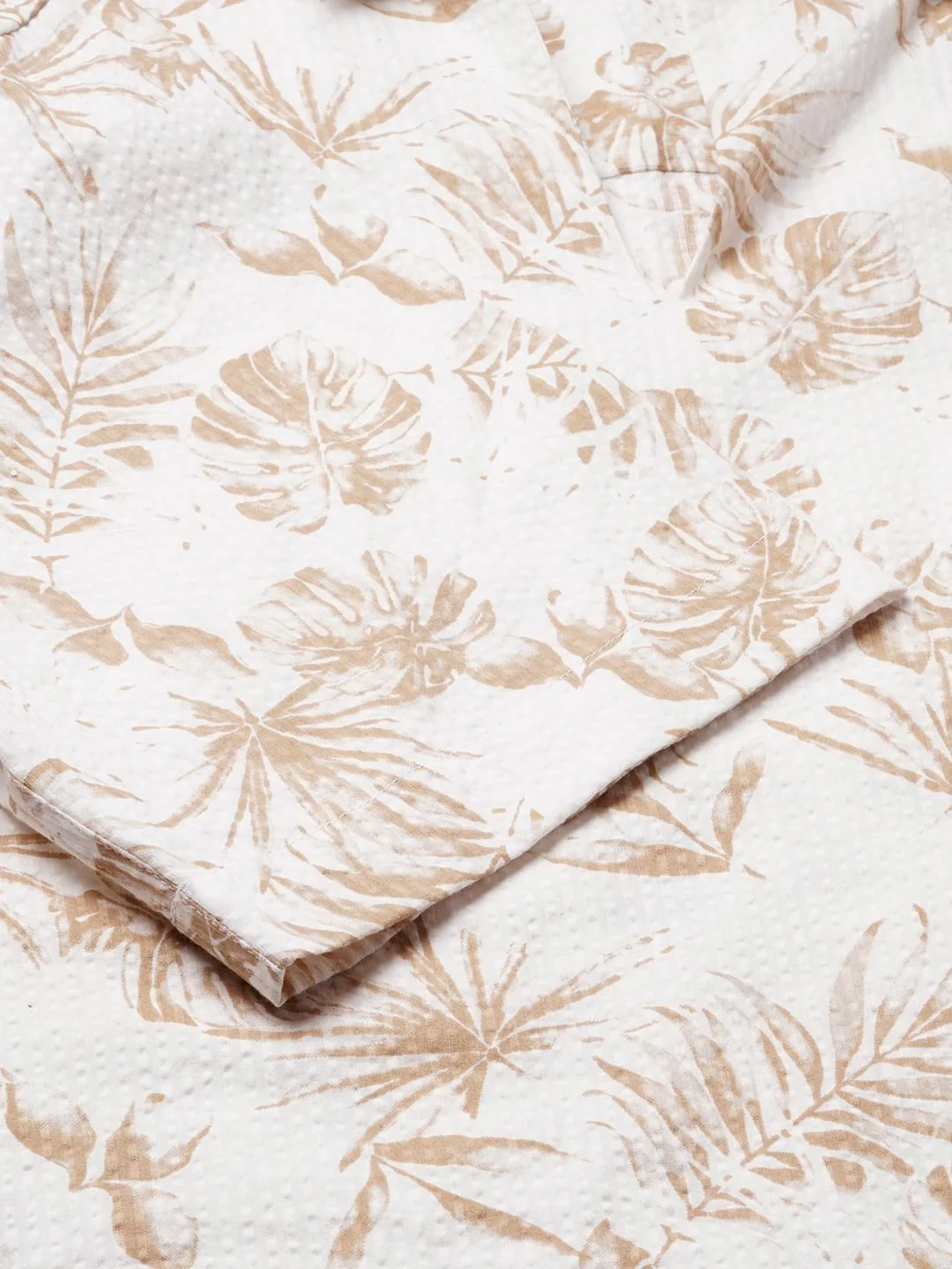 Tan Beige Leaf Printed Seersucker Oversized Polo Shirt - Image 9