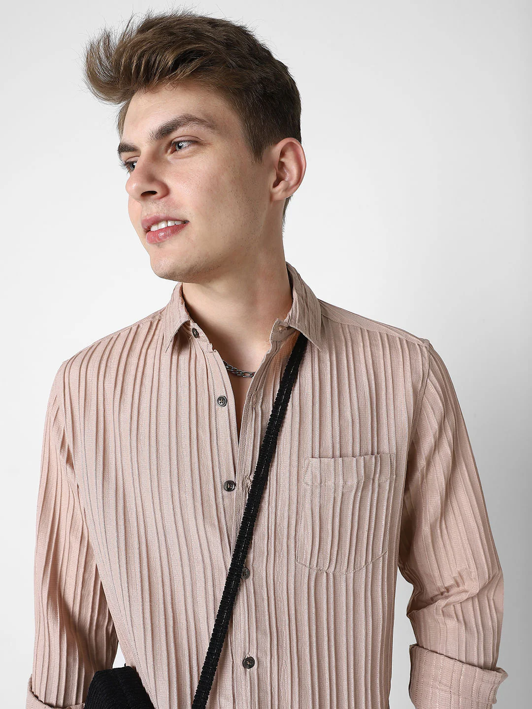 Tan Brown Line Textured Shirt - Image 2