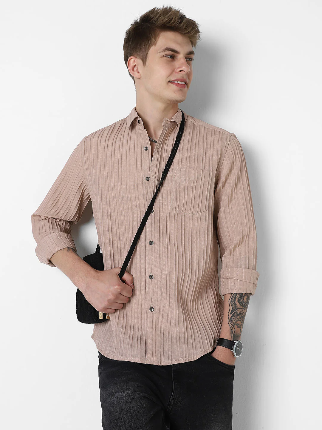 Tan Brown Line Textured Shirt - Image 4