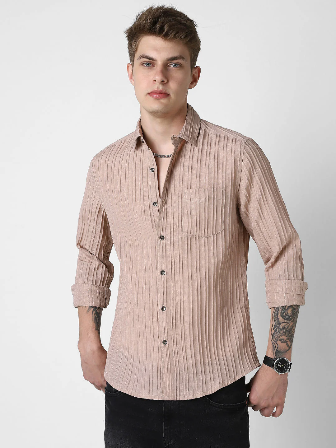 Tan Brown Line Textured Shirt - Image 5