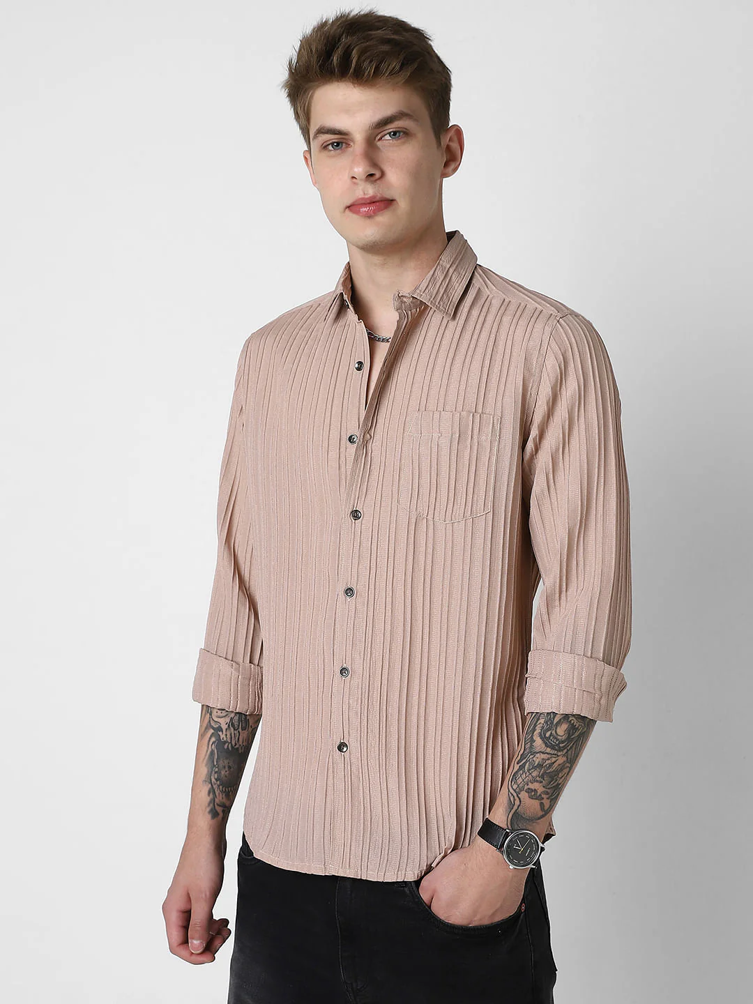 Tan Brown Line Textured Shirt - Image 6