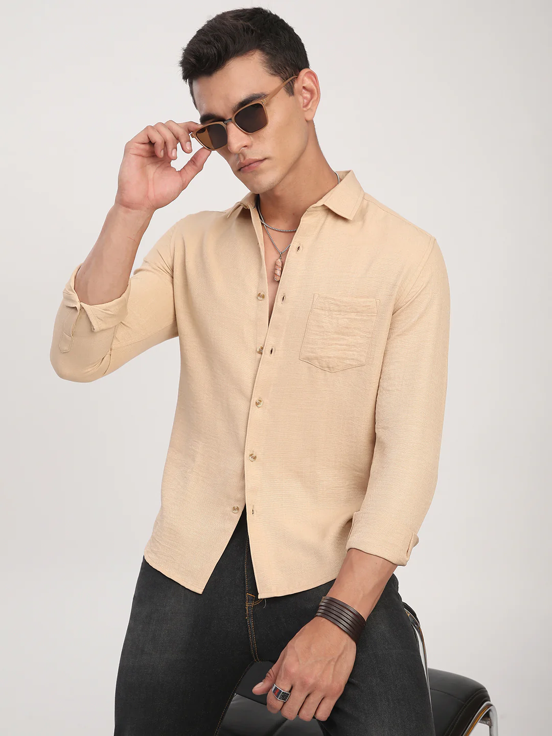Tan Minimalist Solid Crinkled Shirt - Image 2