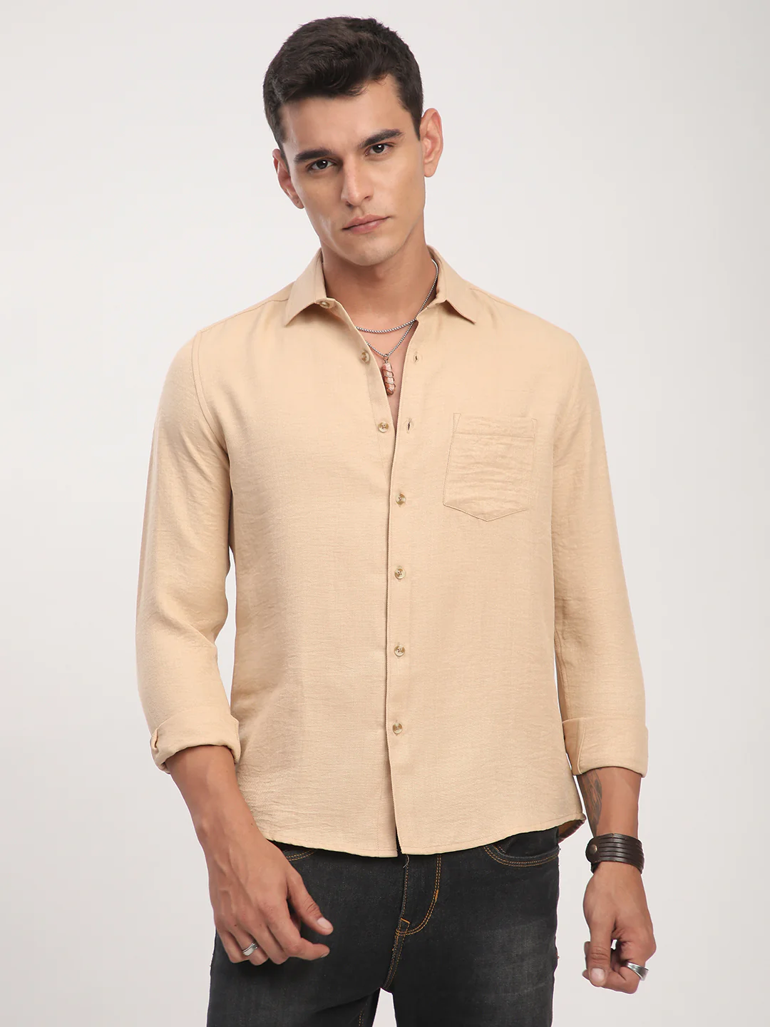 Tan Minimalist Solid Crinkled Shirt - Image 3