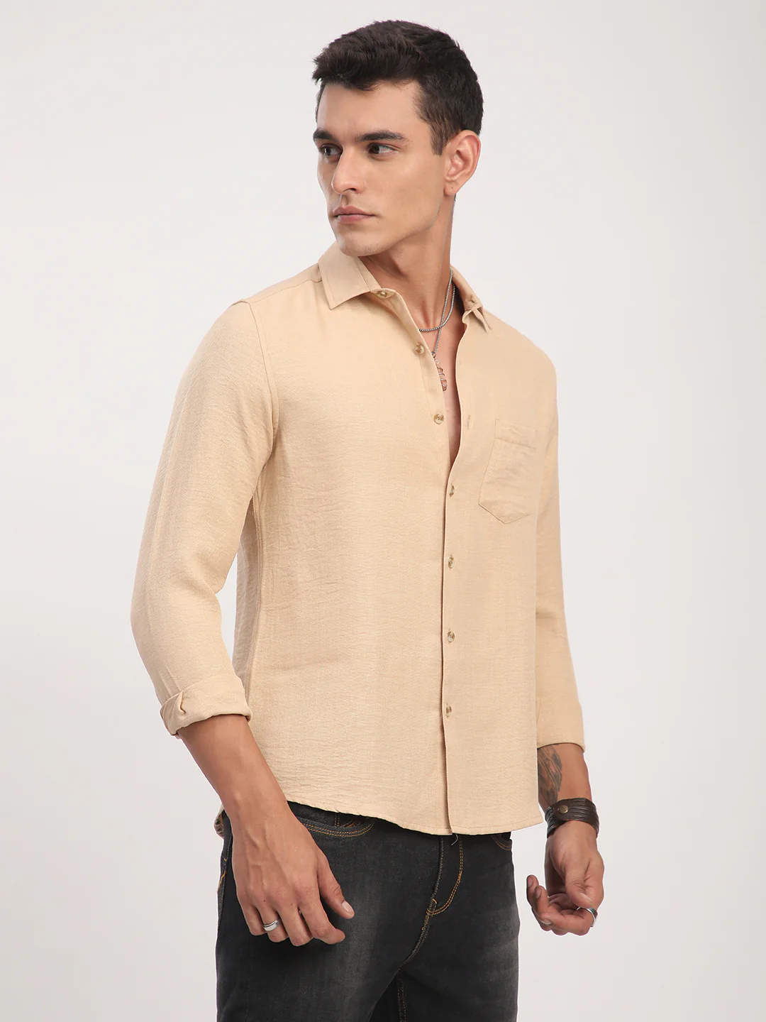 Tan Minimalist Solid Crinkled Shirt - Image 4