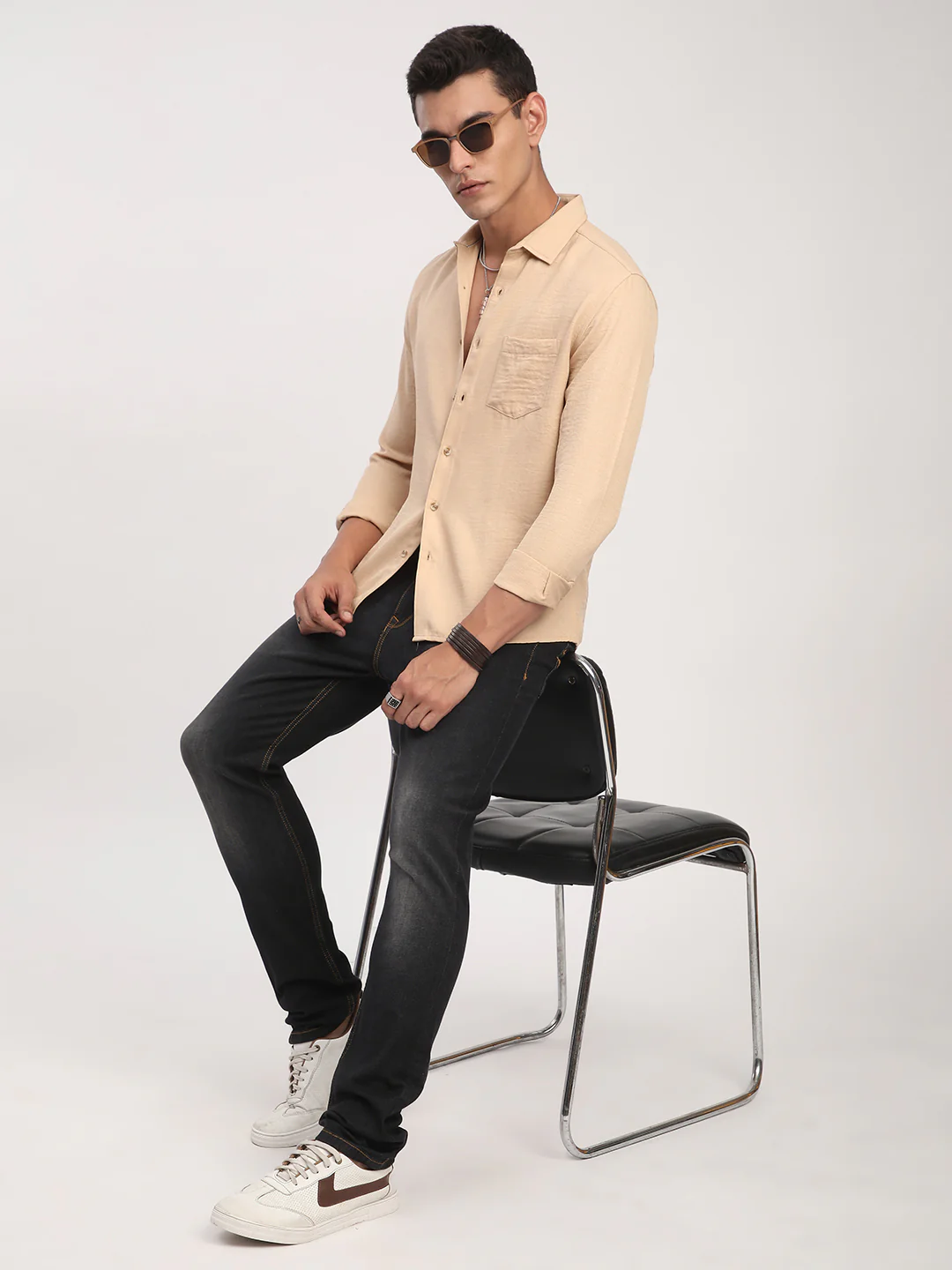 Tan Minimalist Solid Crinkled Shirt - Image 6