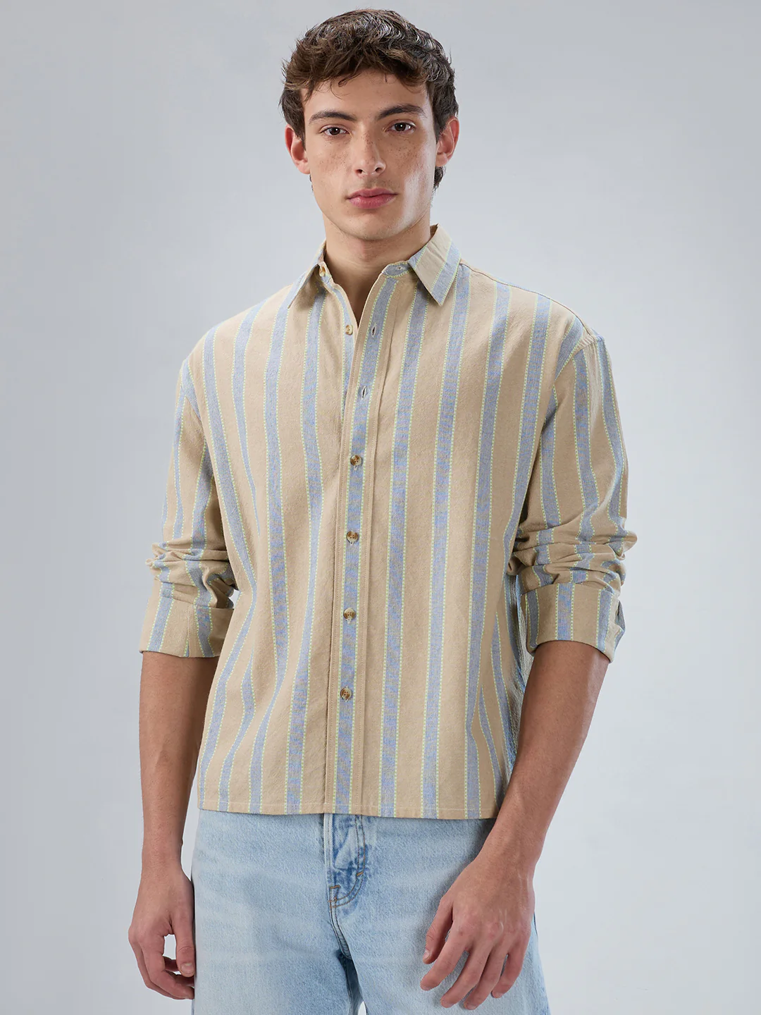 Tan & Navy Contrast Tape Striped Boxy Fit Crop Shirt - Image 5