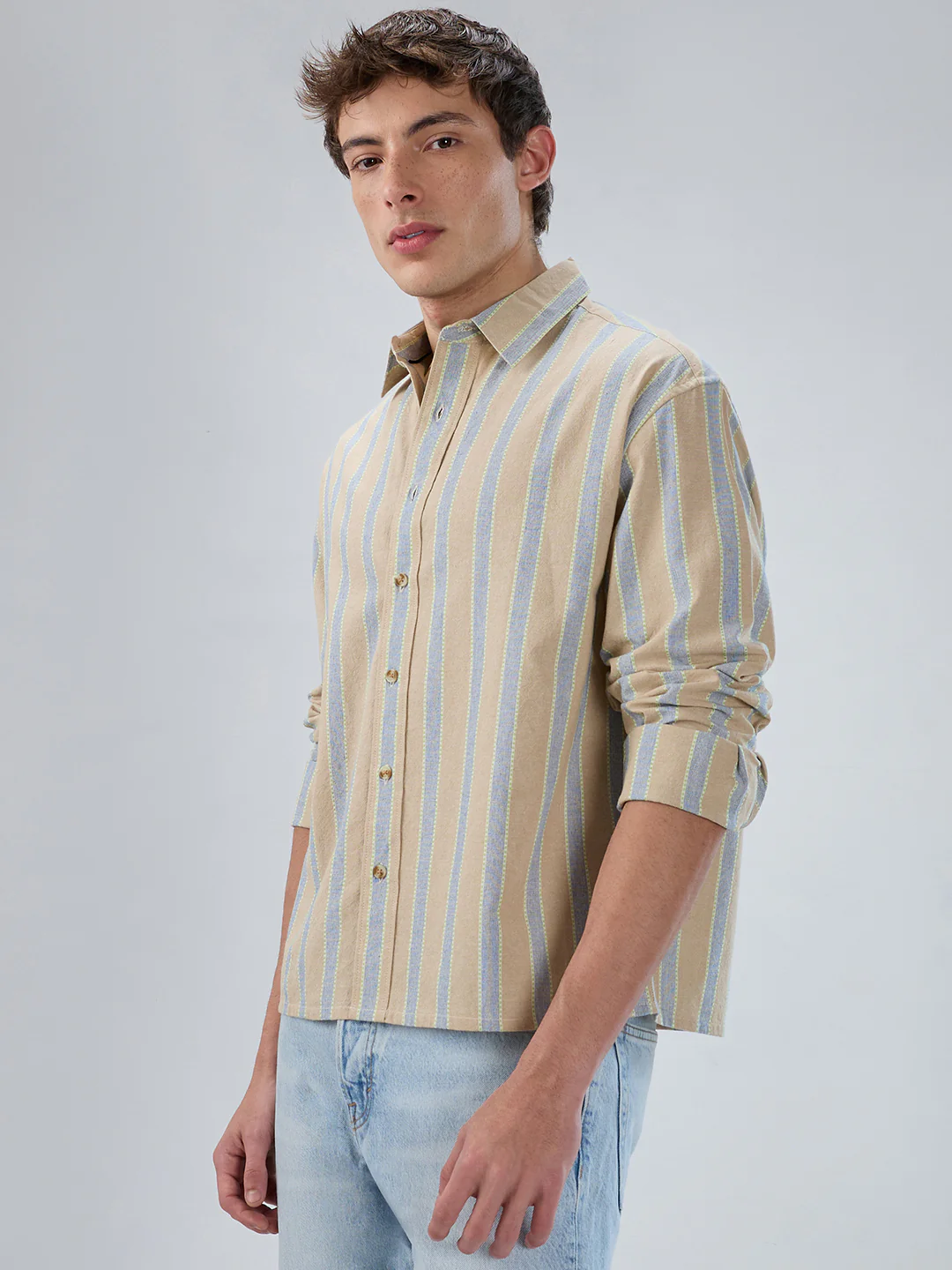 Tan & Navy Contrast Tape Striped Boxy Fit Crop Shirt - Image 6