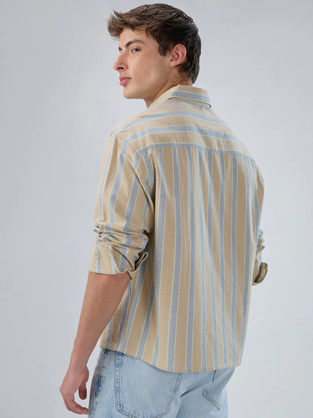 Tan & Navy Contrast Tape Striped Boxy Fit Crop Shirt - Image 7