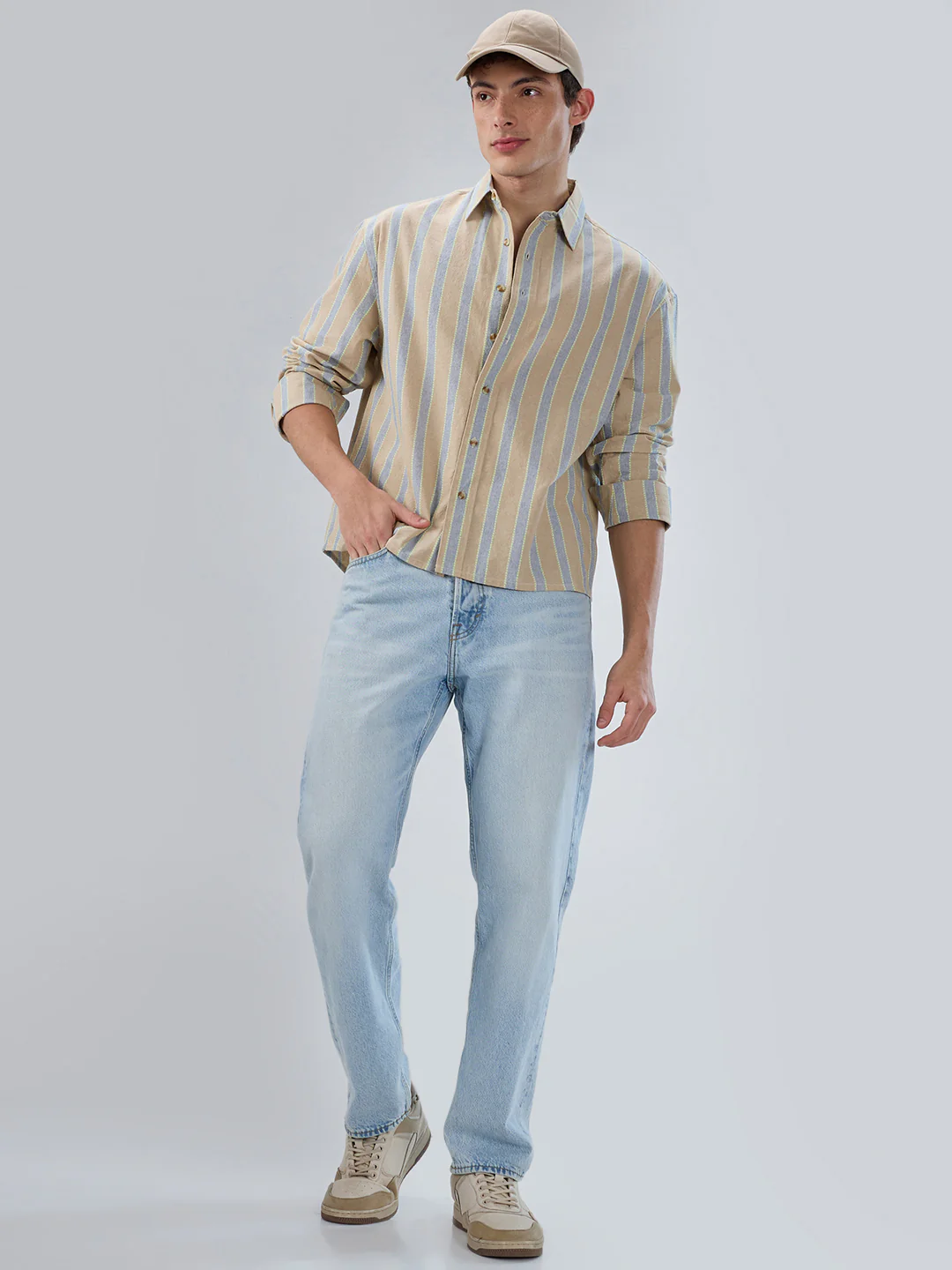 Tan & Navy Contrast Tape Striped Boxy Fit Crop Shirt - Image 8