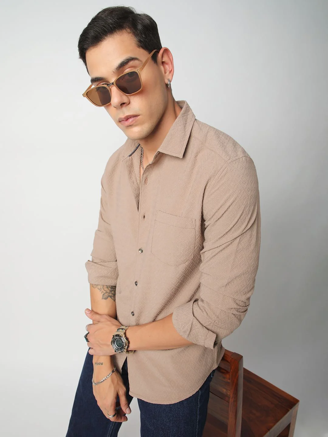 Taupe Beige Lozenge Jacquard Textured Shirt - Image 3