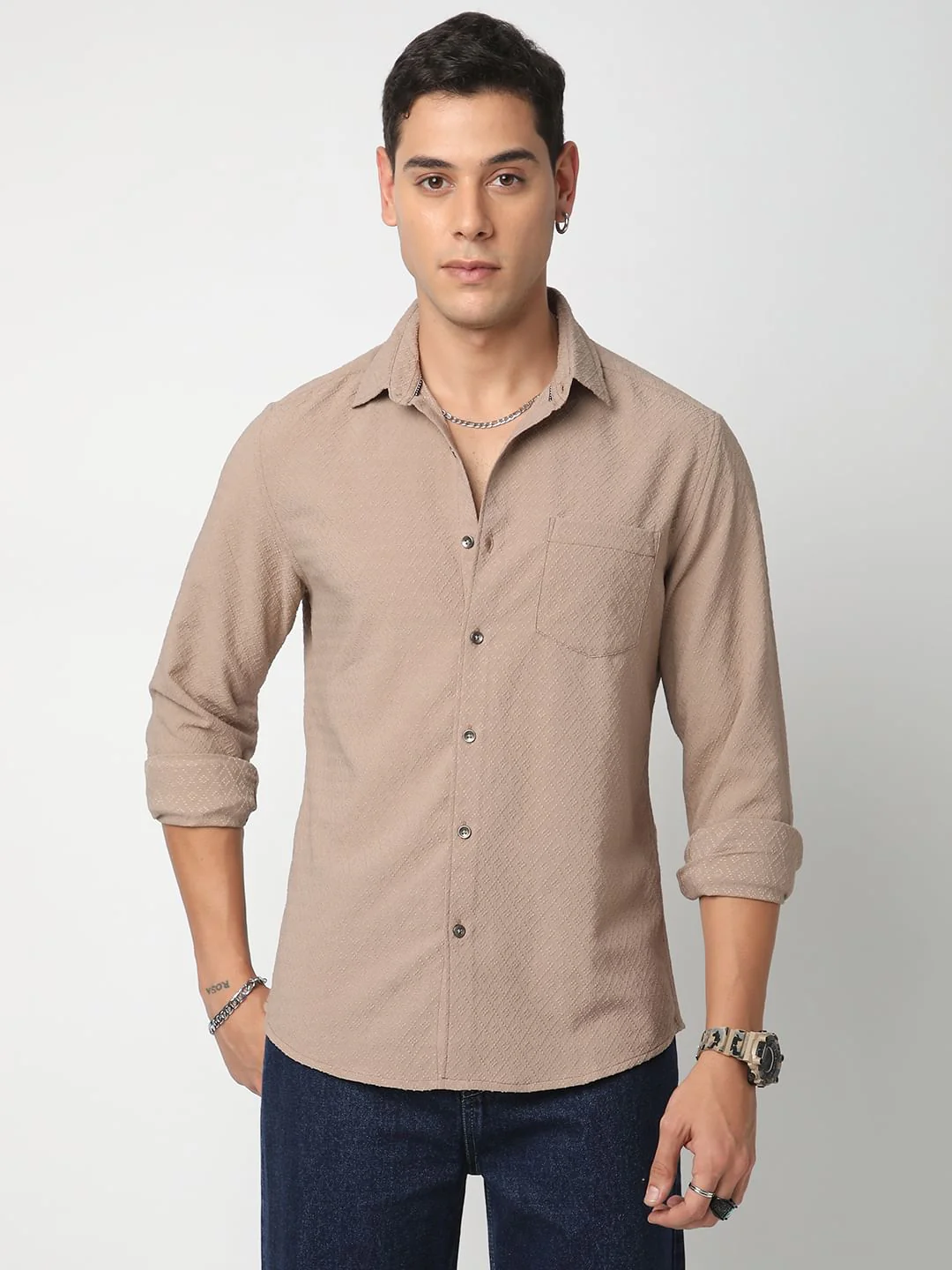 Taupe Beige Lozenge Jacquard Textured Shirt - Image 4