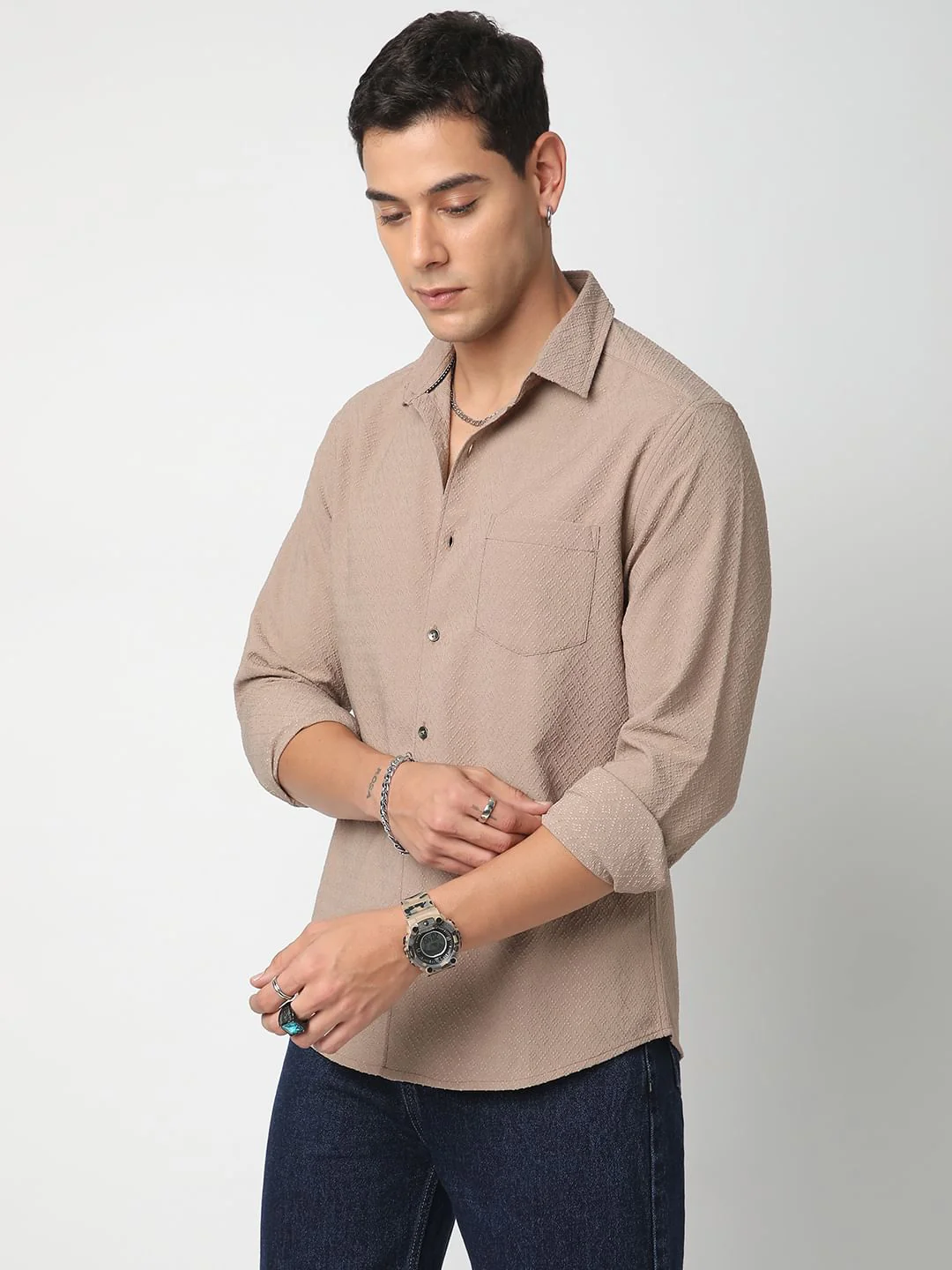 Taupe Beige Lozenge Jacquard Textured Shirt - Image 5