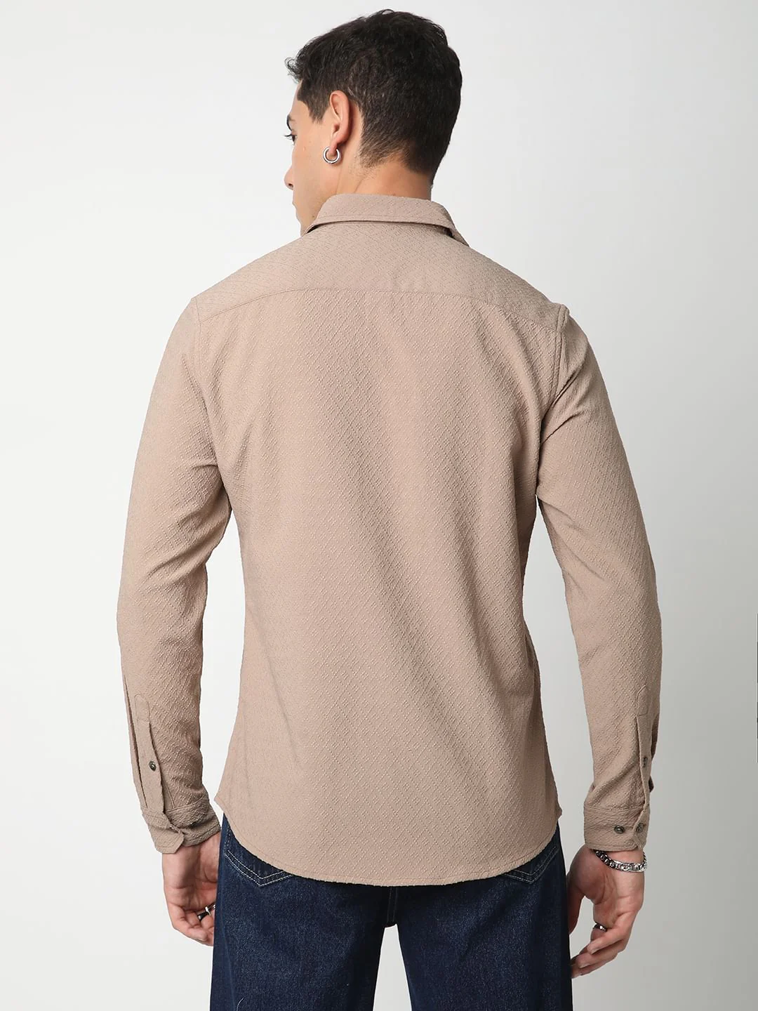 Taupe Beige Lozenge Jacquard Textured Shirt - Image 6