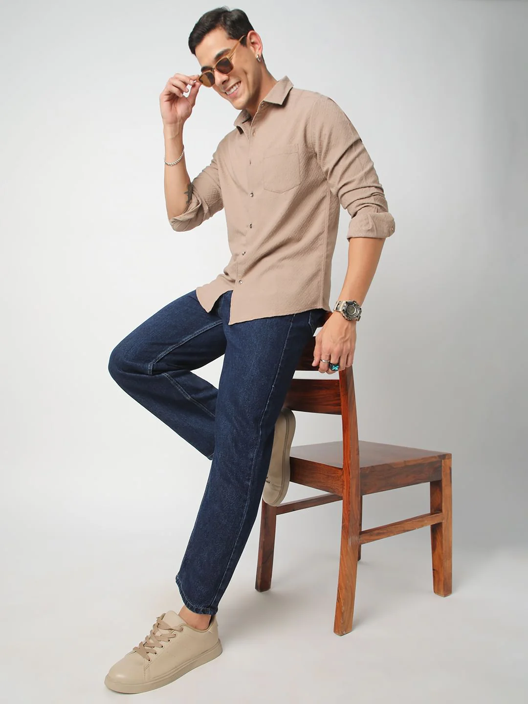 Taupe Beige Lozenge Jacquard Textured Shirt - Image 7