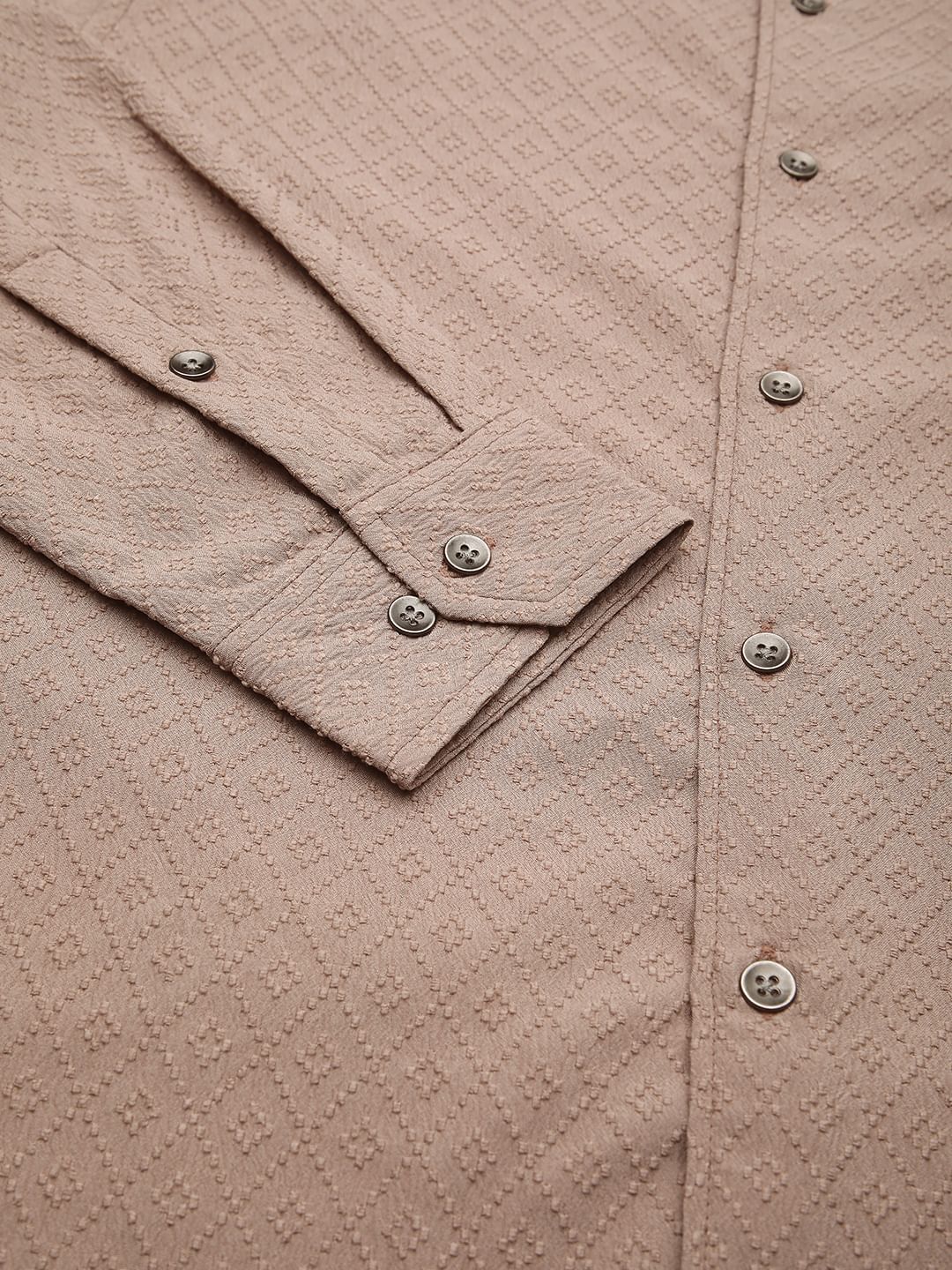 Taupe Beige Lozenge Jacquard Textured Shirt - Image 8