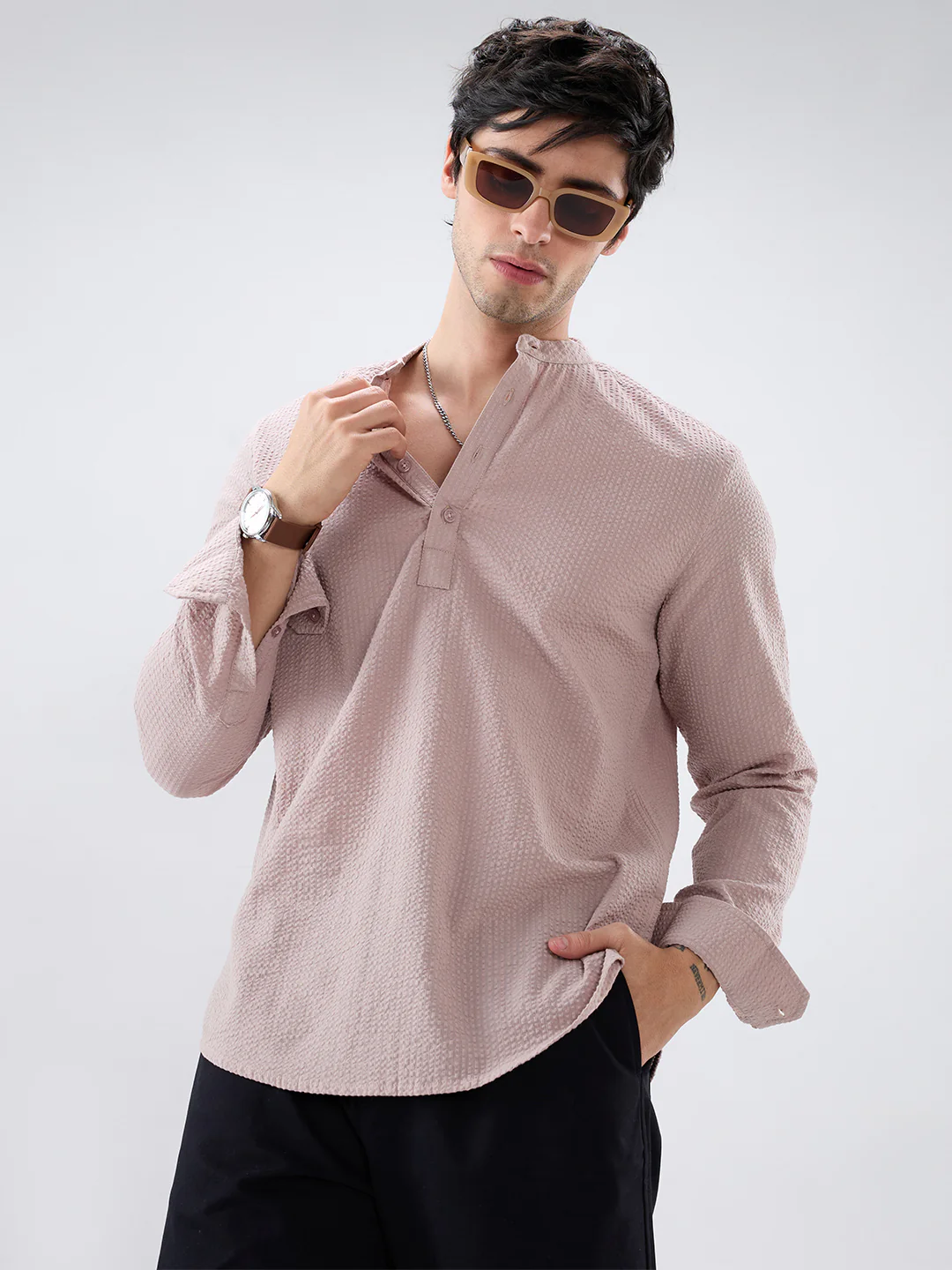 Taupe Beige Seersucker Striped Kurta - Image 2