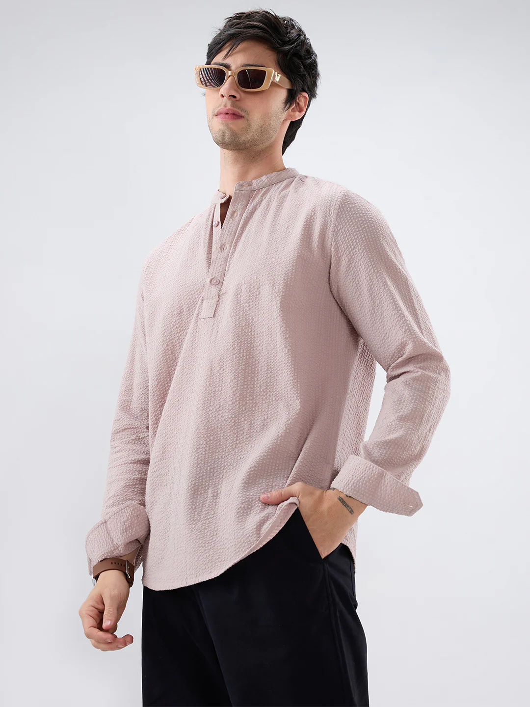Taupe Beige Seersucker Striped Kurta - Image 4