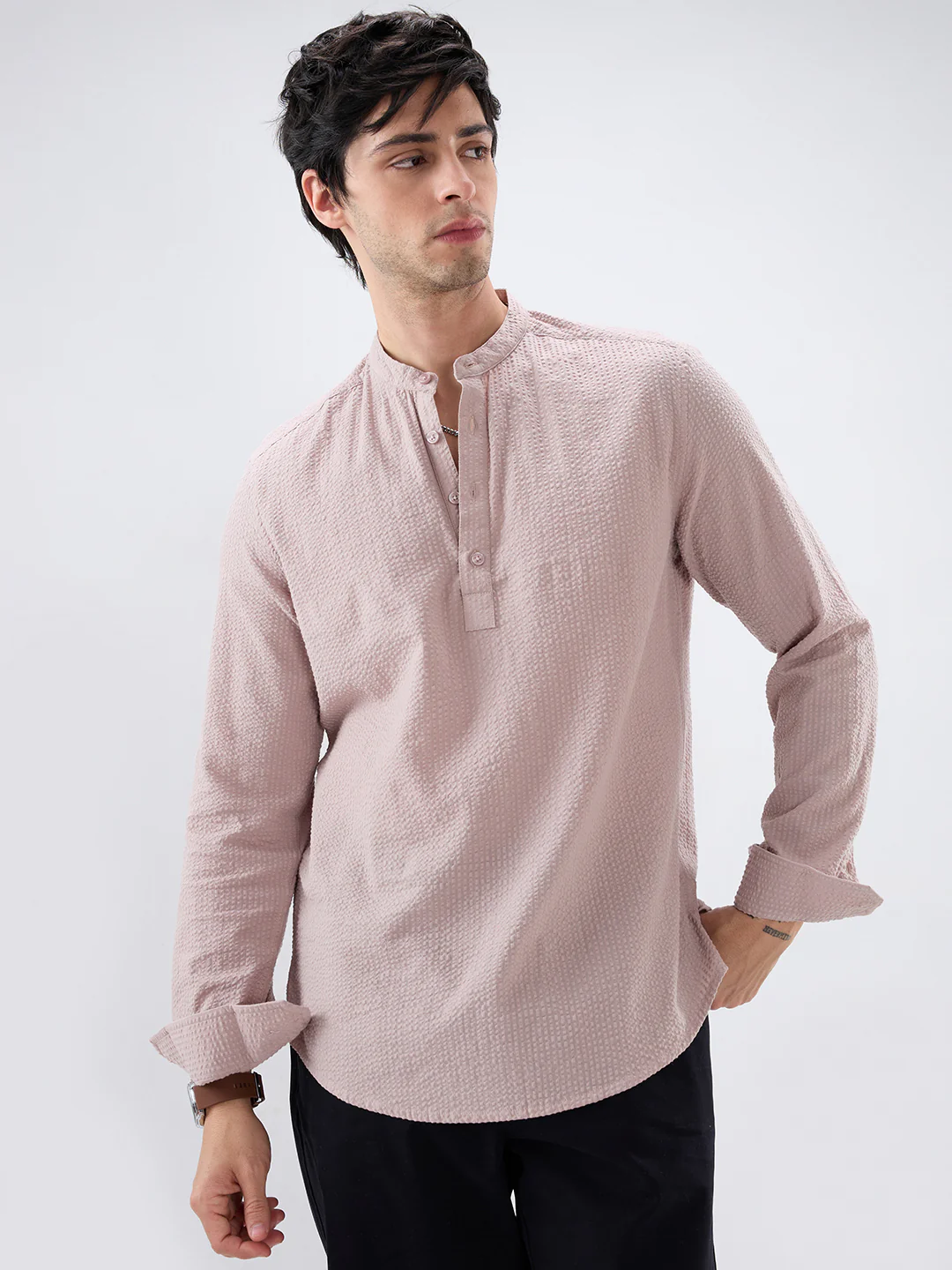 Taupe Beige Seersucker Striped Kurta - Image 5