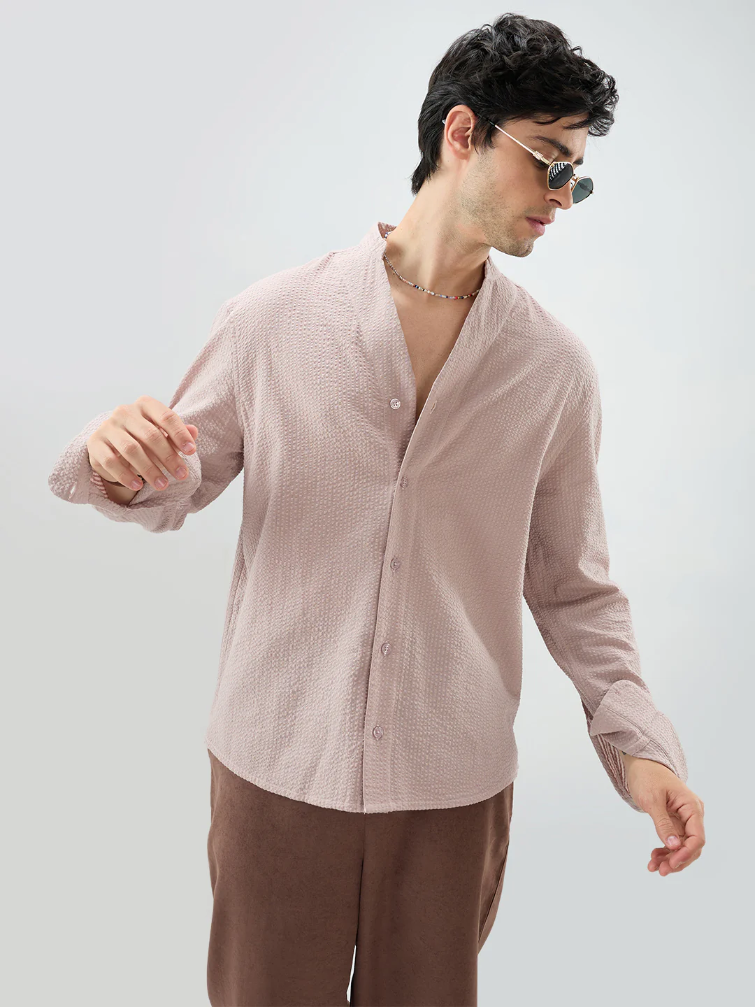 Taupe Beige Seersucker Striped Stand Collar Oversized Shirt - Image 2
