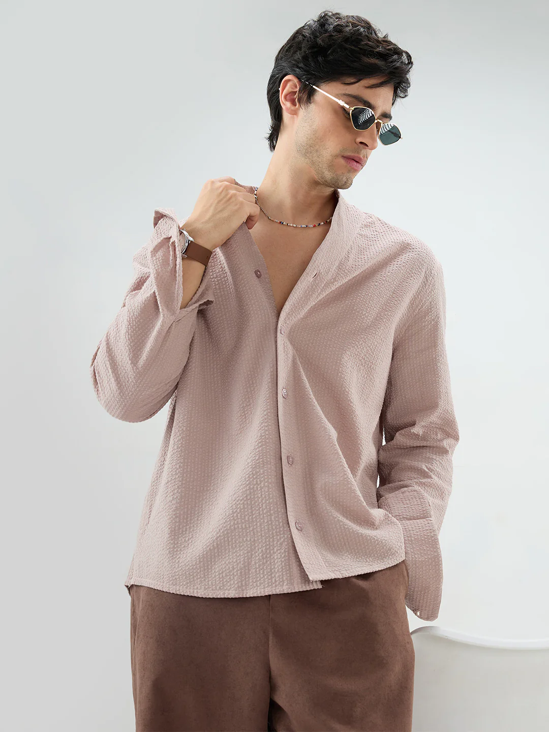 Taupe Beige Seersucker Striped Stand Collar Oversized Shirt - Image 4