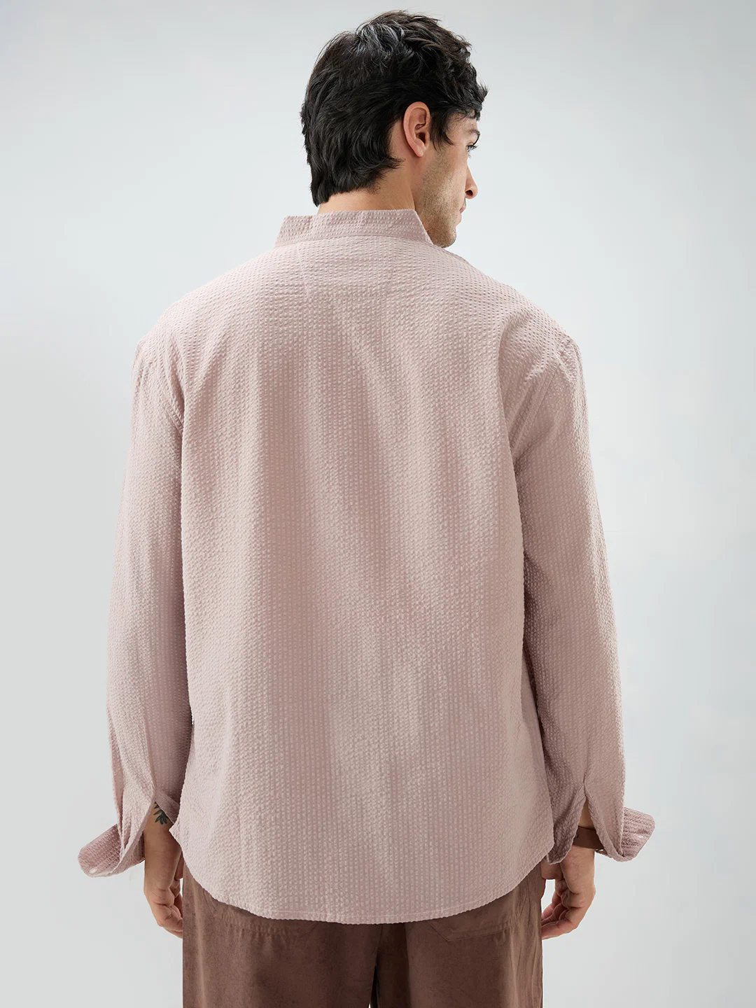 Taupe Beige Seersucker Striped Stand Collar Oversized Shirt - Image 7