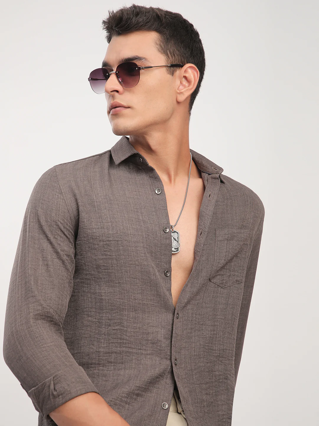 Taupe Minimalist Solid Crinkled Shirt - Image 2