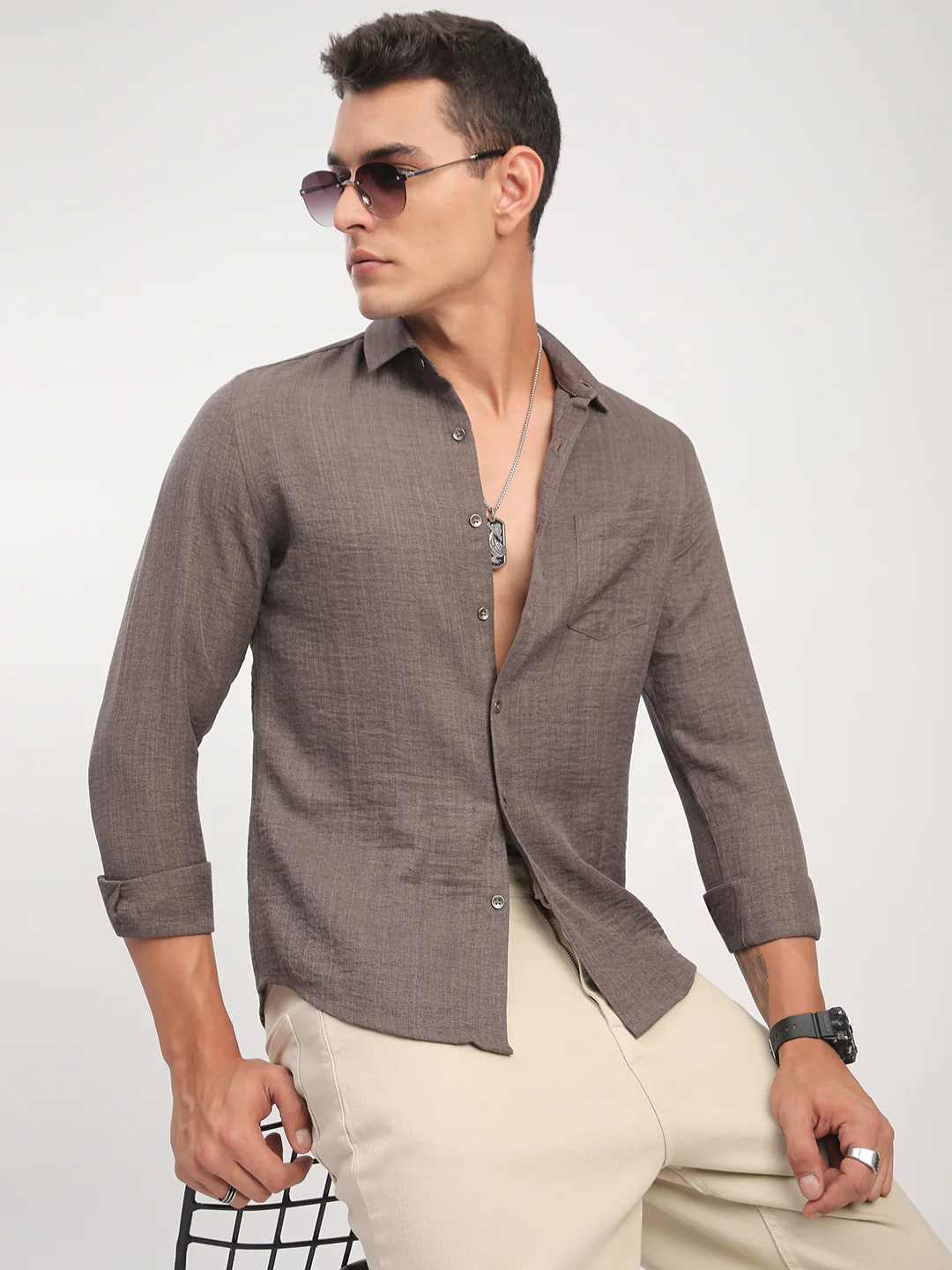 Taupe Minimalist Solid Crinkled Shirt - Image 4
