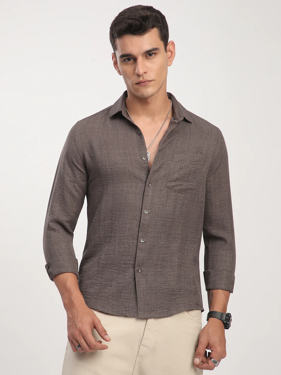 Taupe Minimalist Solid Crinkled Shirt - Image 5
