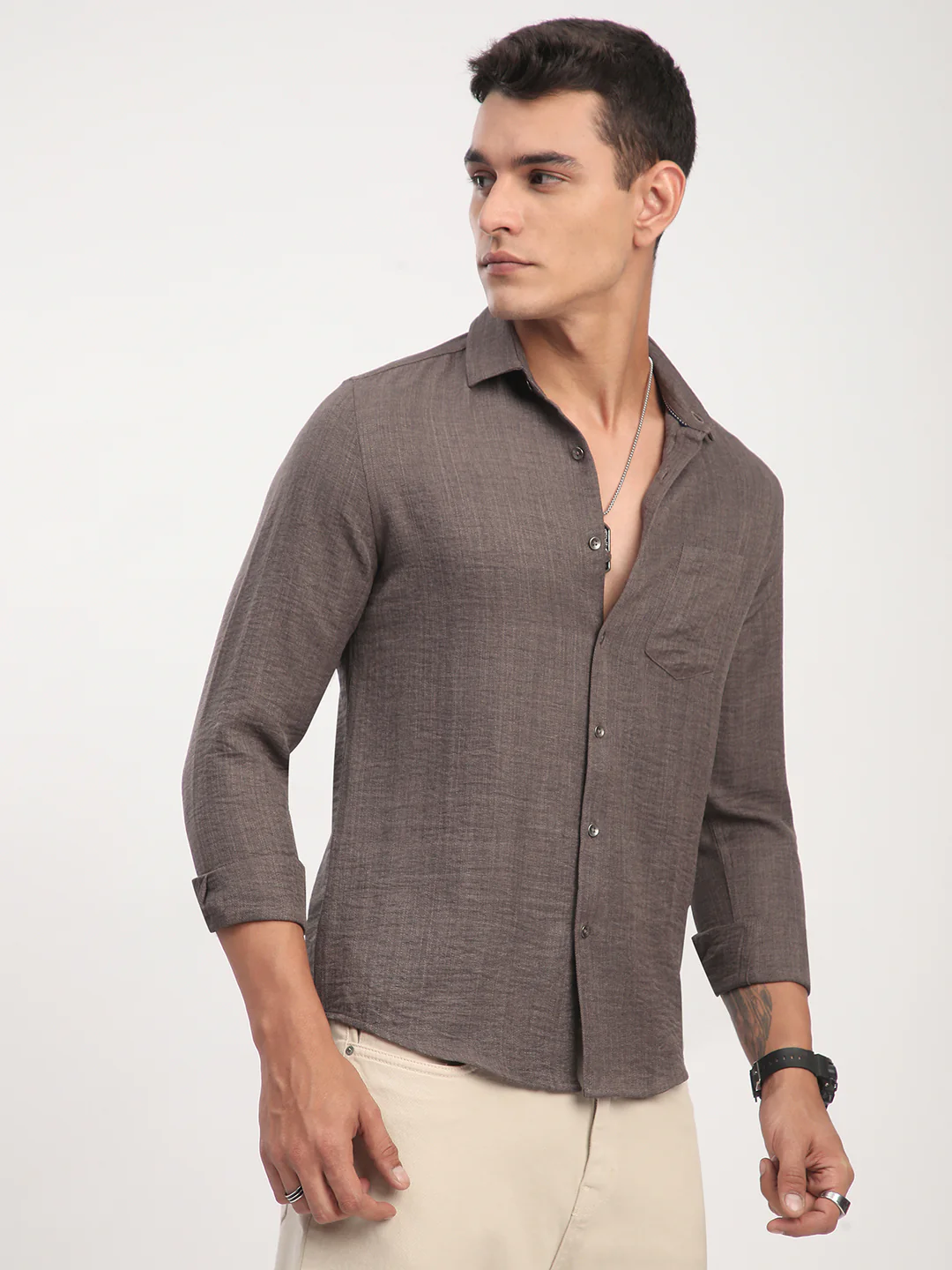 Taupe Minimalist Solid Crinkled Shirt - Image 6