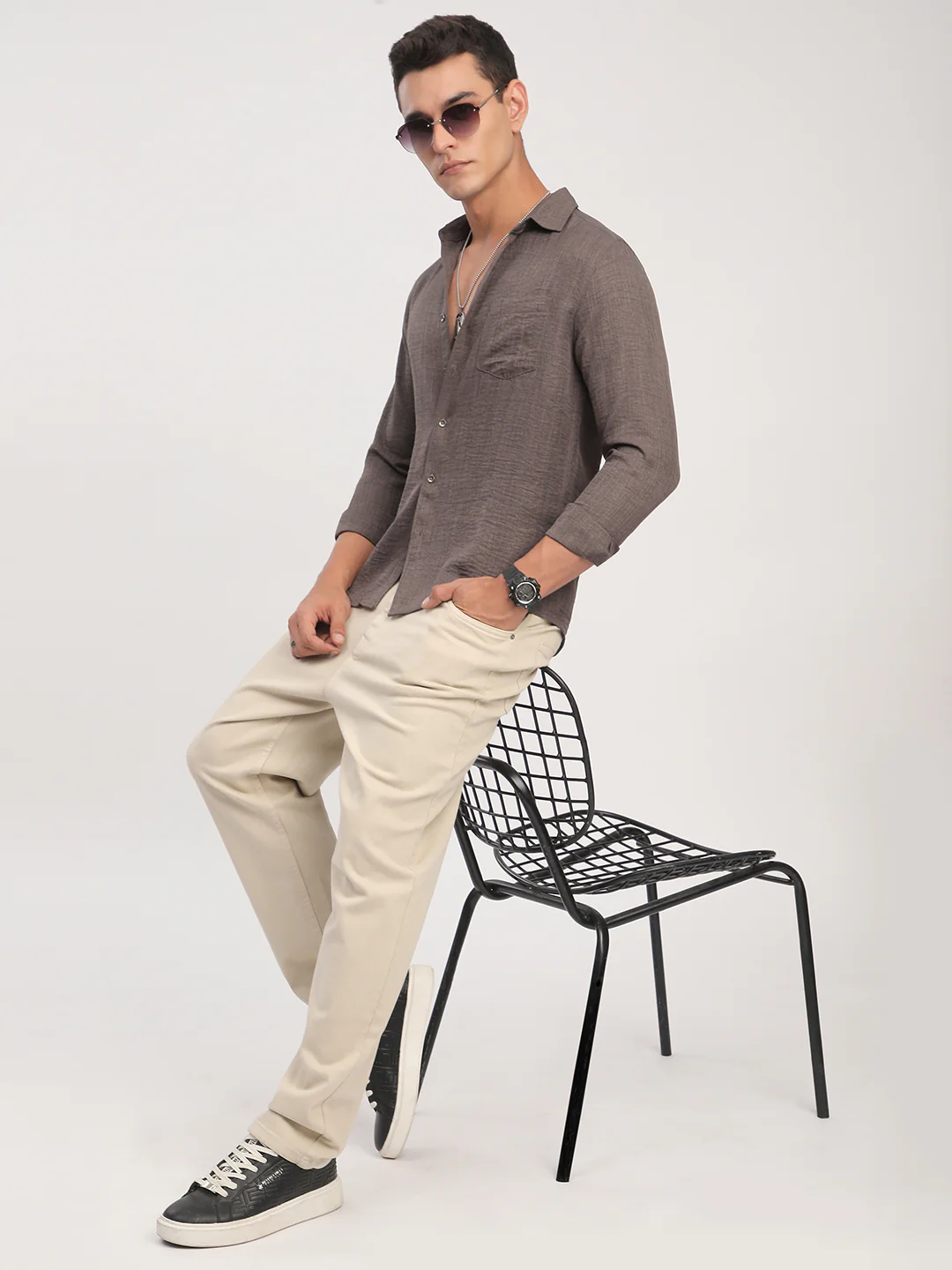 Taupe Minimalist Solid Crinkled Shirt - Image 8