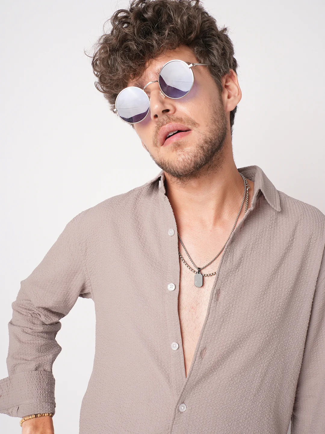 Taupe Seersucker Opulent Shirt - Image 2