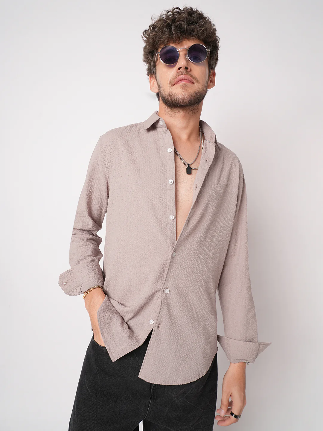 Taupe Seersucker Opulent Shirt - Image 4