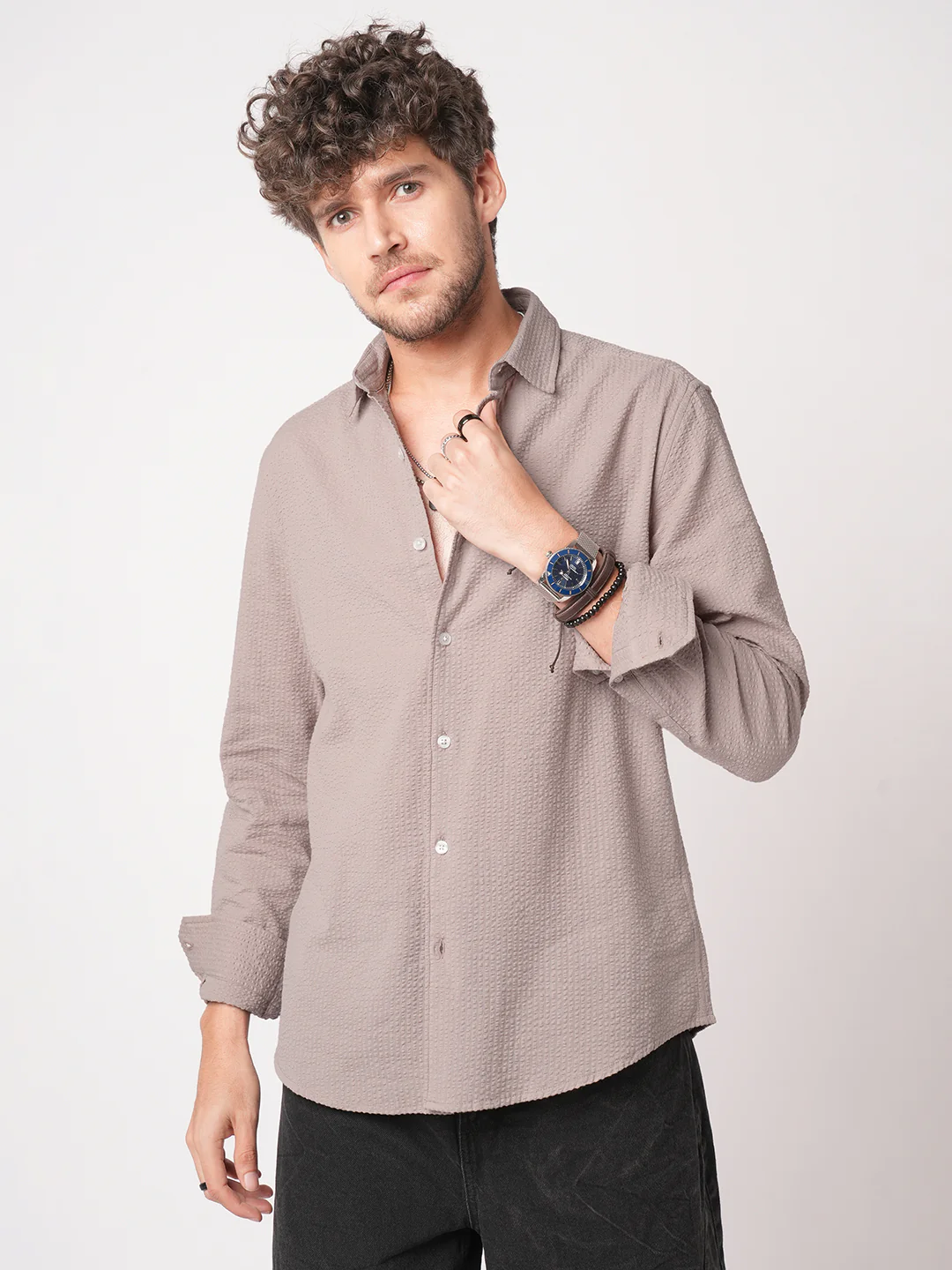Taupe Seersucker Opulent Shirt - Image 5