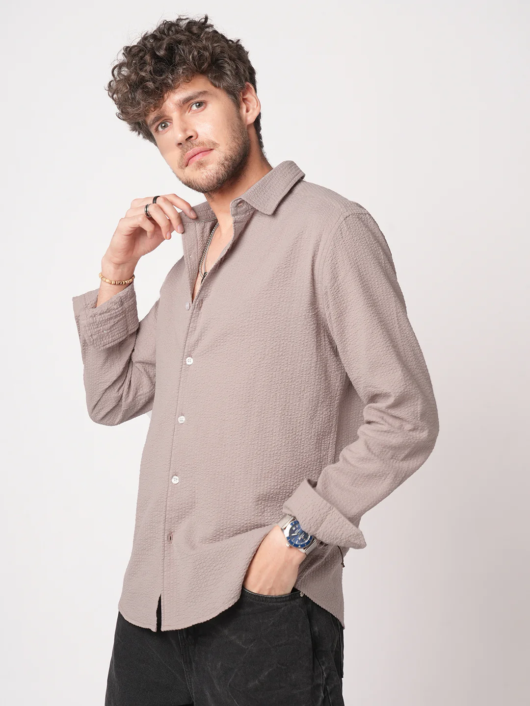 Taupe Seersucker Opulent Shirt - Image 6
