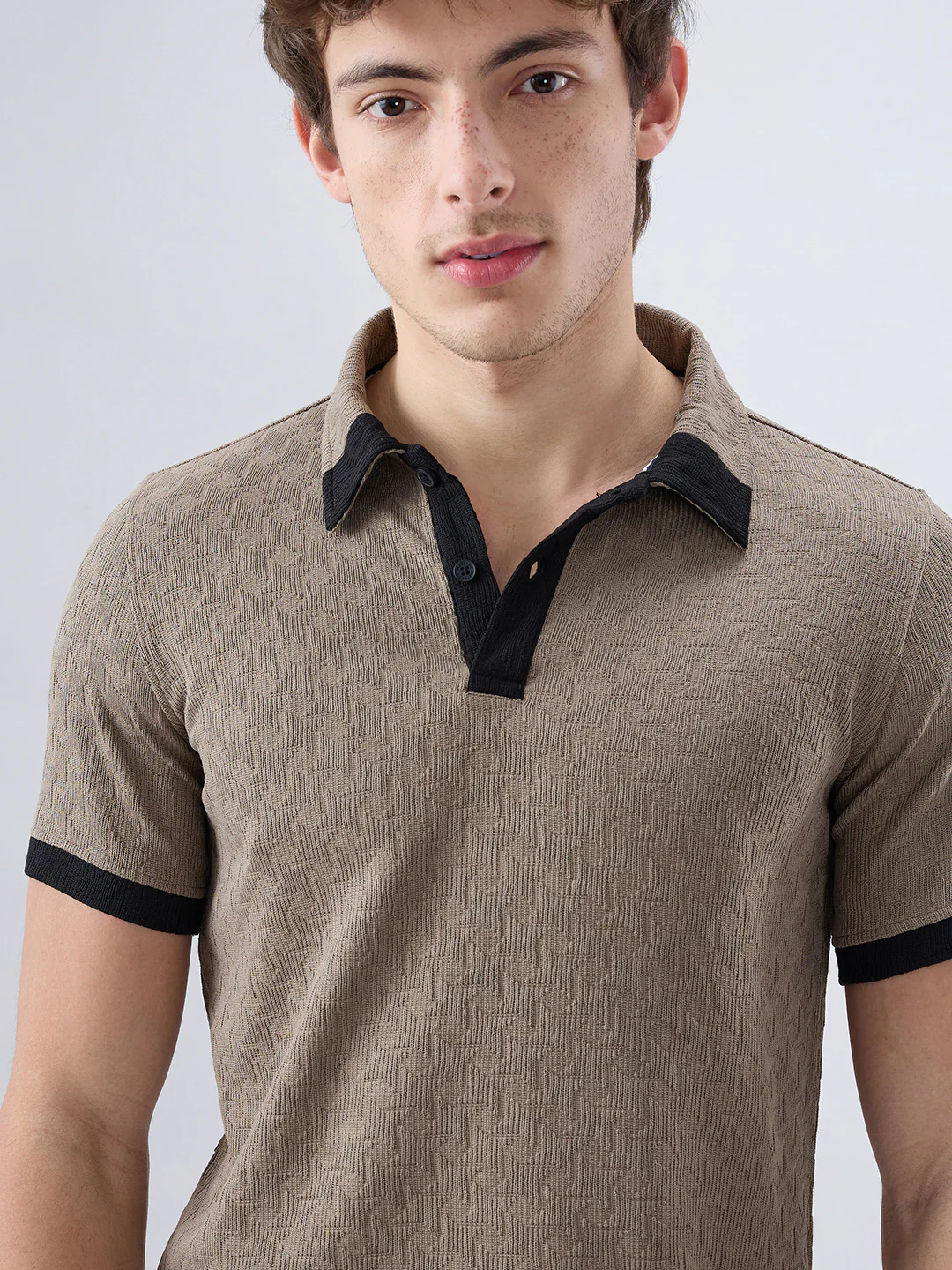 Taupe Textured Contrast Polo Neck Knit T-shirt - Image 3
