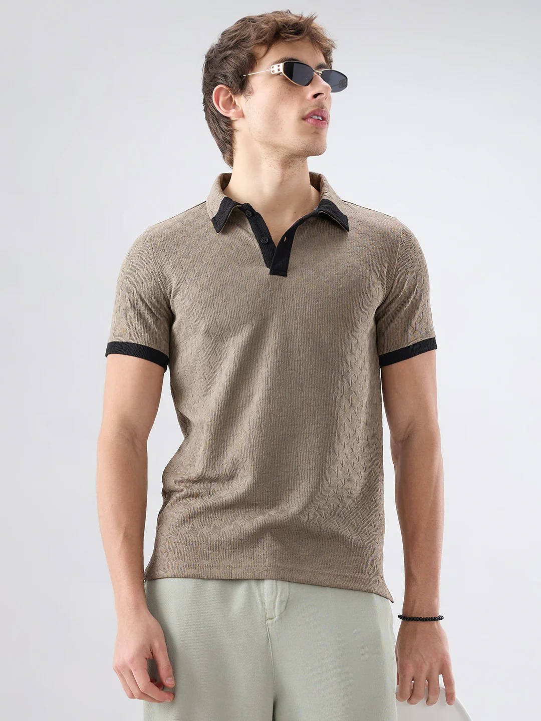 Taupe Textured Contrast Polo Neck Knit T-shirt - Image 4