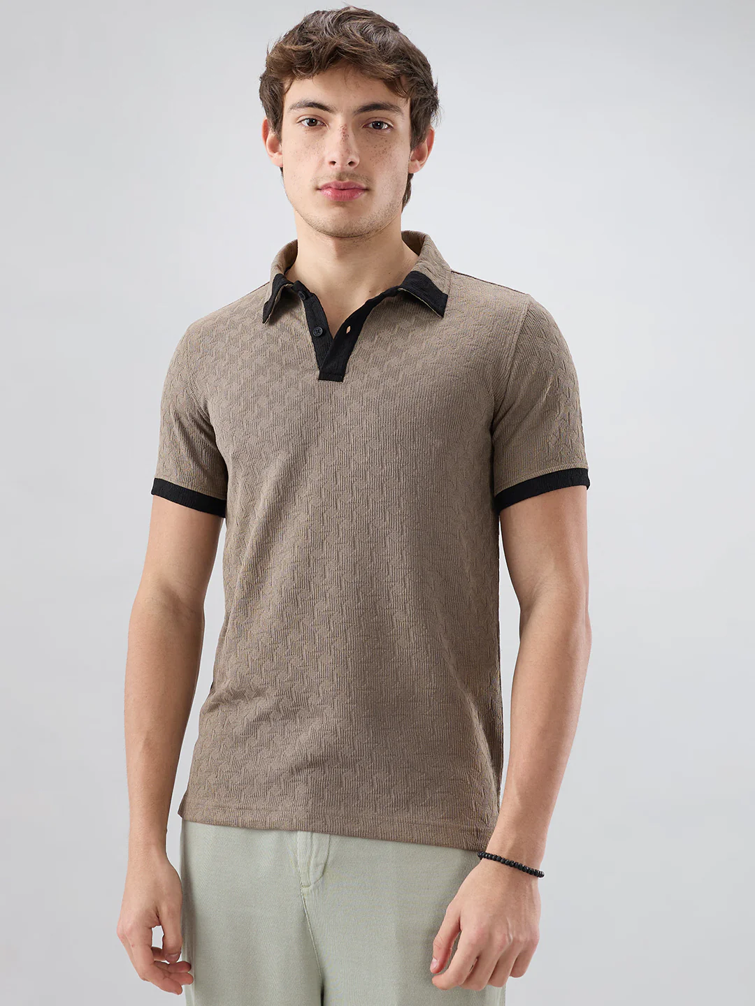 Taupe Textured Contrast Polo Neck Knit T-shirt - Image 5