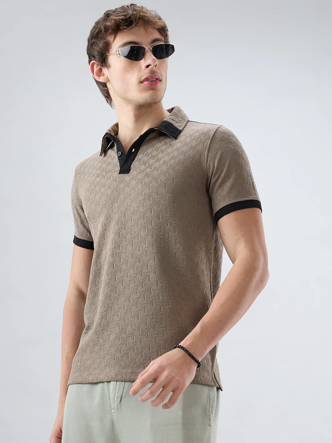 Taupe Textured Contrast Polo Neck Knit T-shirt - Image 6